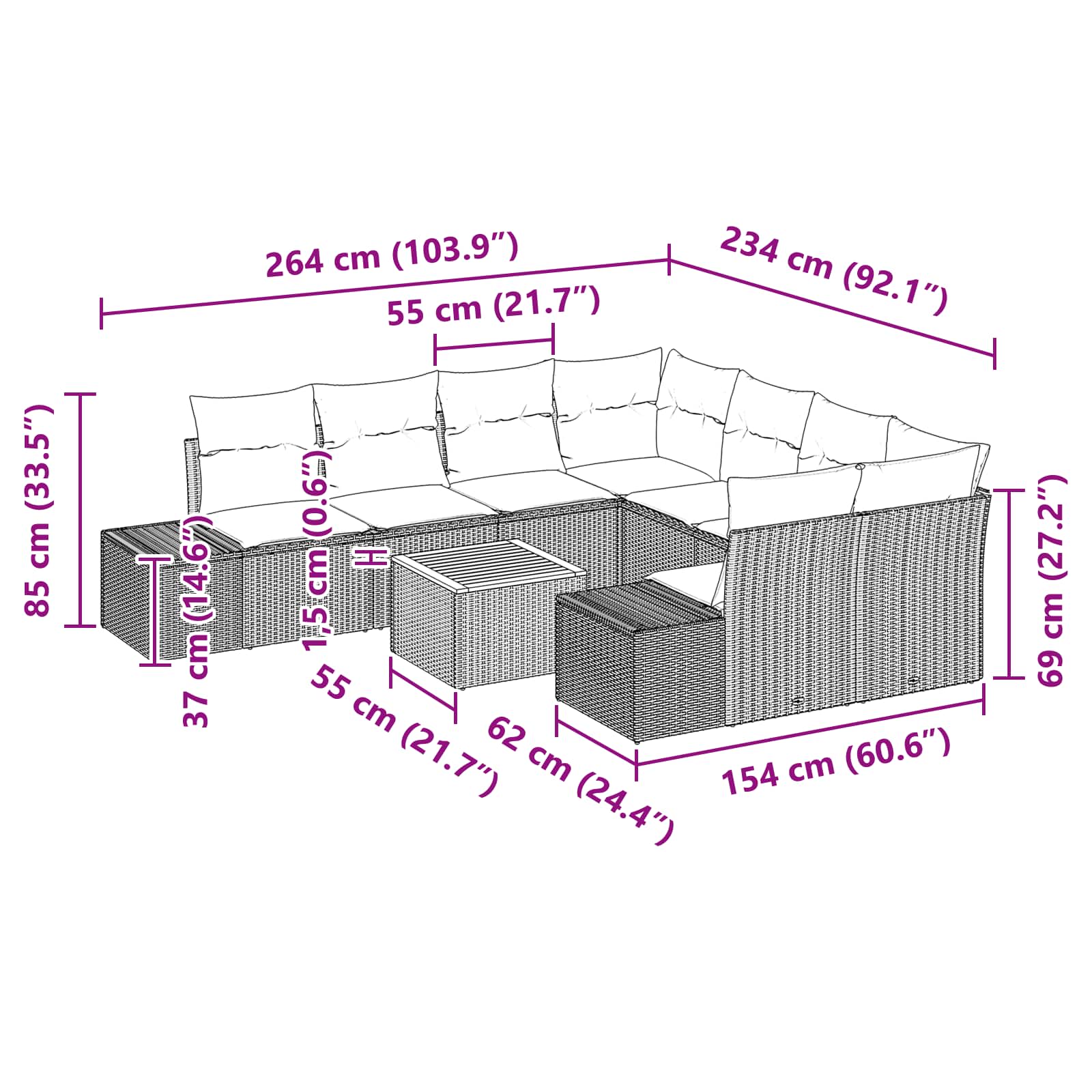 vidaXL Tuinbankenset 9 st Zwart en Turquoise poly rattan