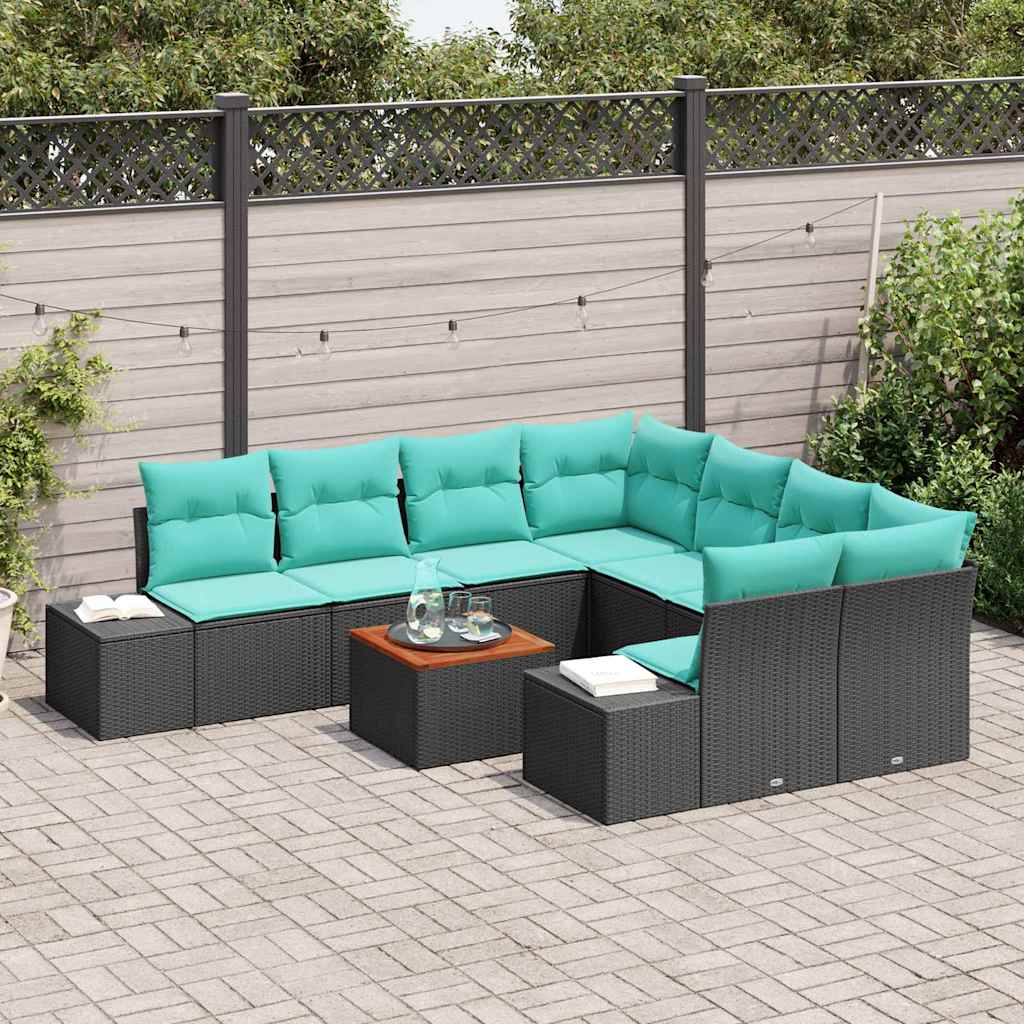 vidaXL Tuinbankenset 9 st Zwart en Turquoise poly rattan