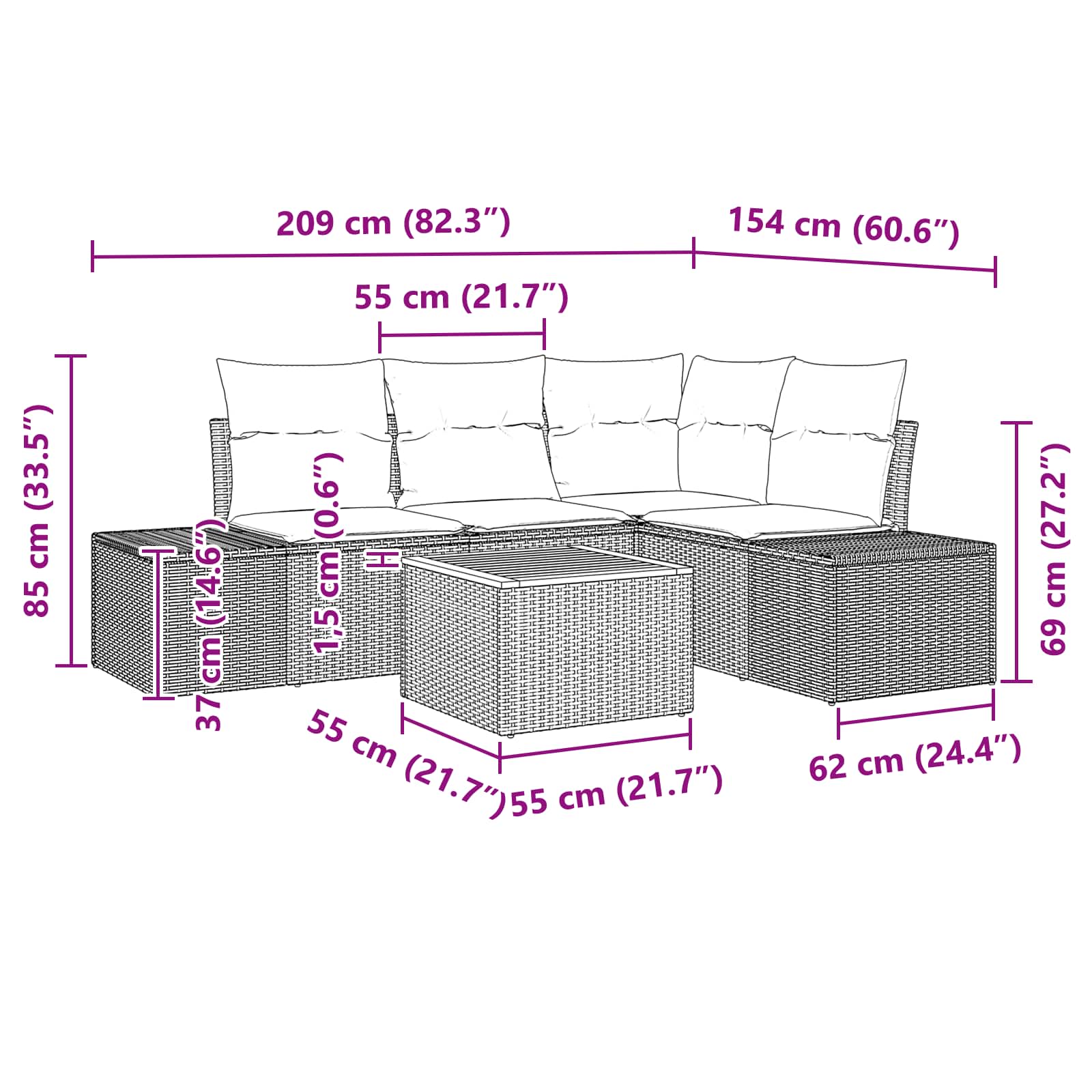vidaXL Tuinbankenset 5 st Zwart en Turquoise poly rattan