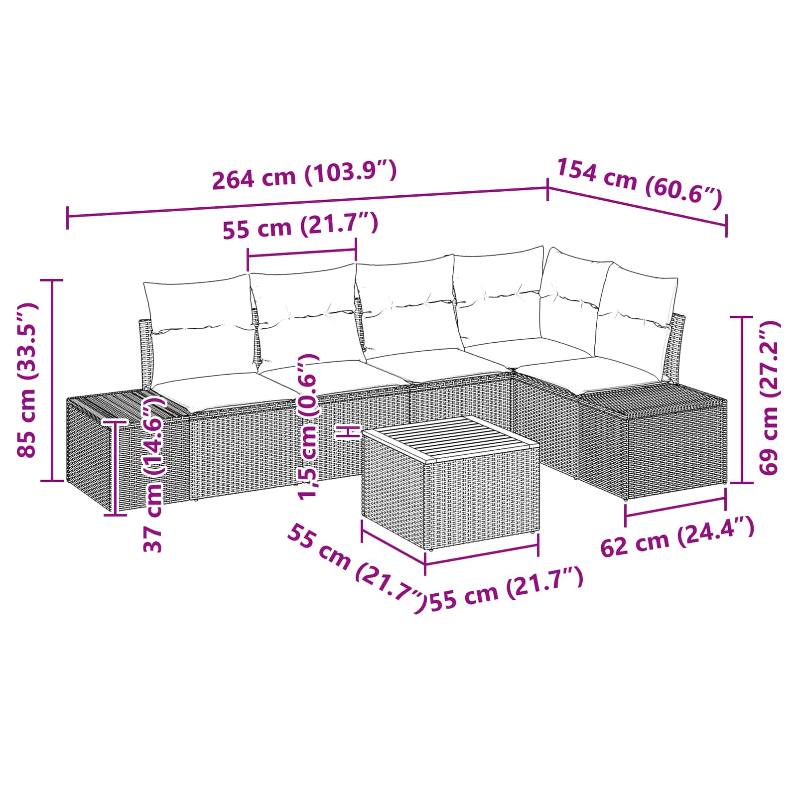 vidaXL Tuinbankenset 6 st Zwart en Turquoise poly rattan