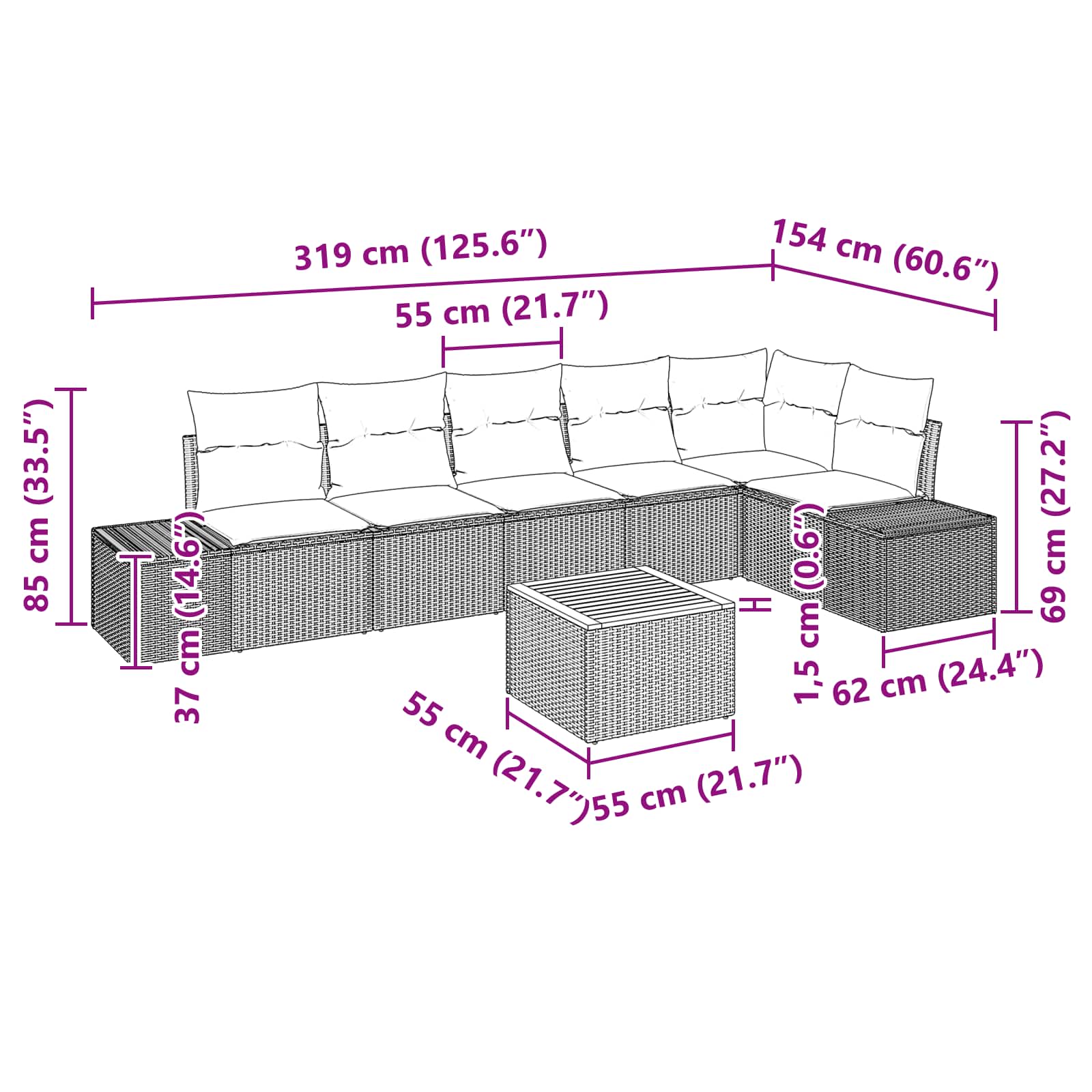 vidaXL Tuin Sofa Set 7 st Zwart en turquoise