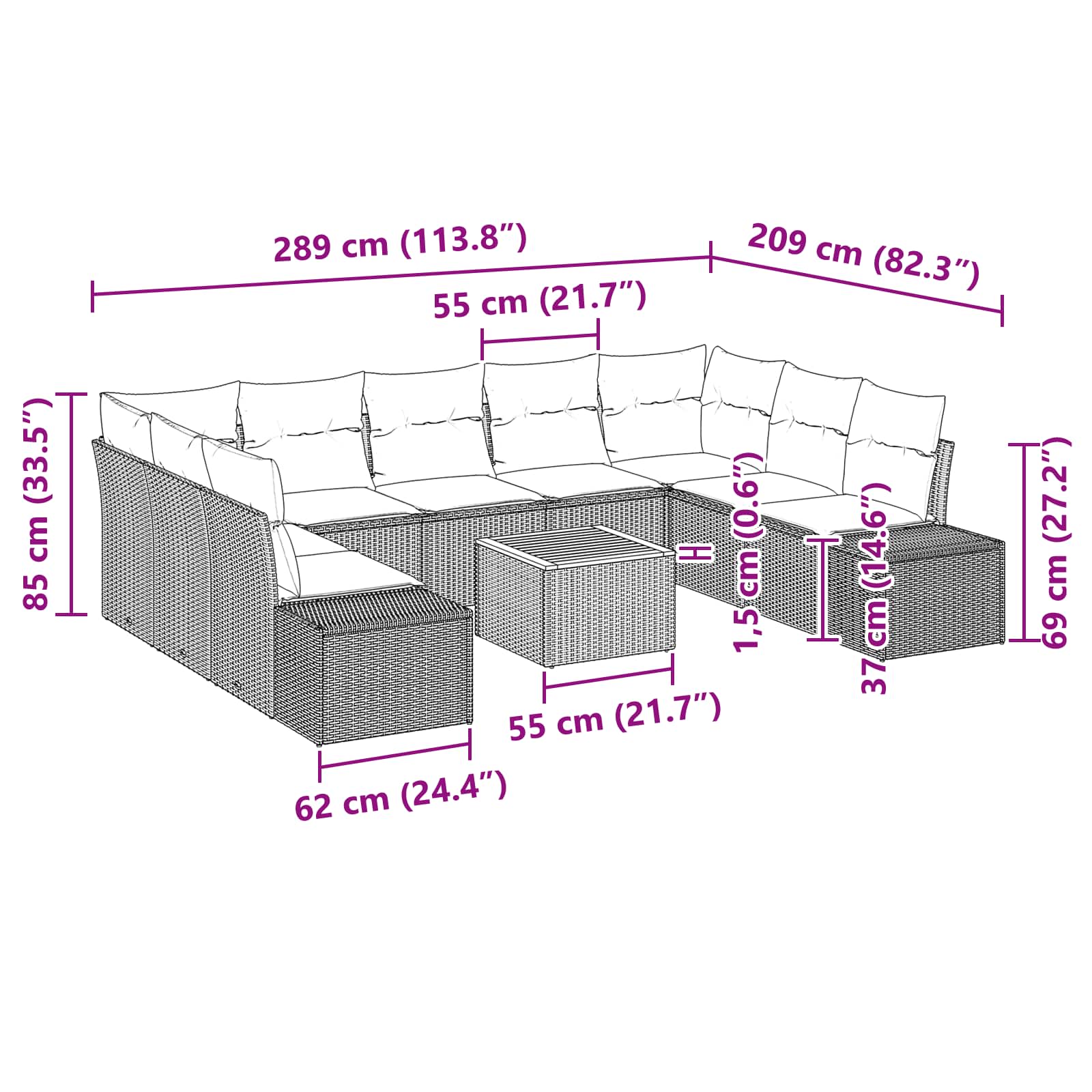 vidaXL Tuin Sofa Set 10 st Zwart en turquoise