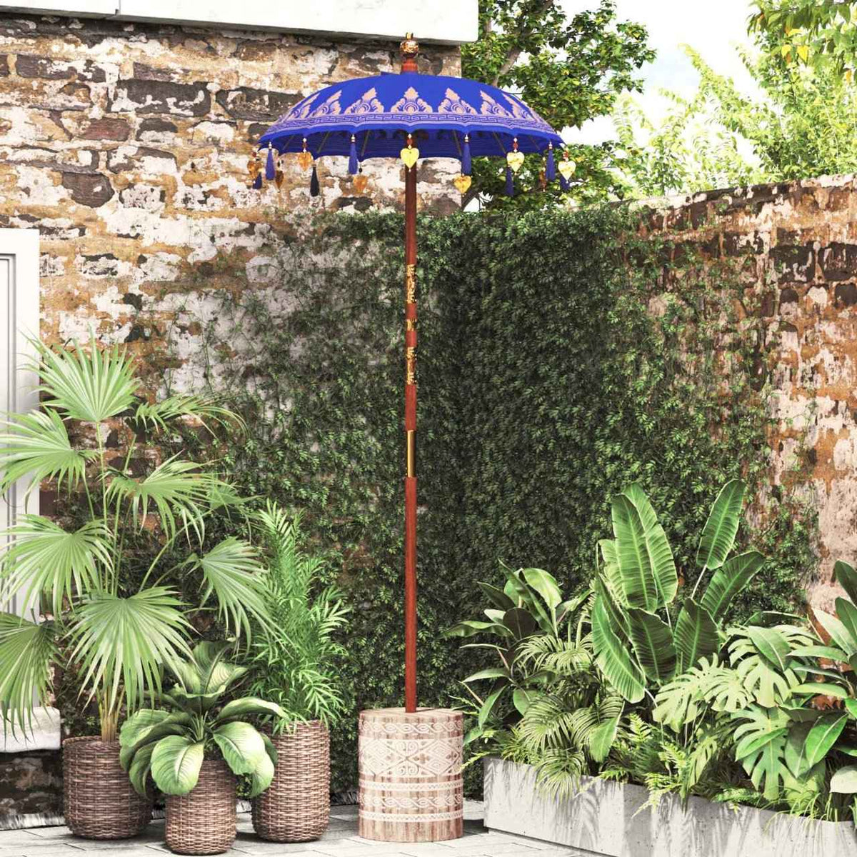 Parasol met Basis Blauw, Bruin 250 cm Katoen, Hout