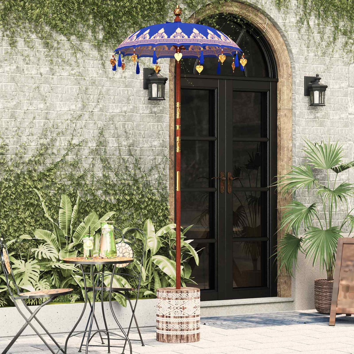 Parasol met Basis Blauw, Bruin 250 cm Katoen, Hout