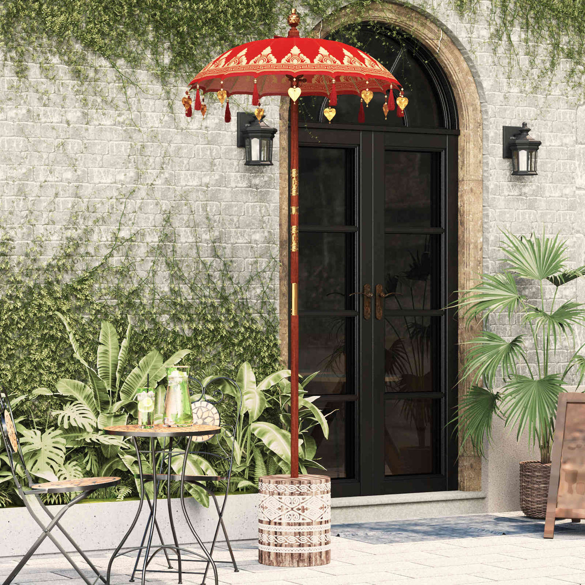 Parasol met Basis Rood, Bruin 250 cm Katoen, Hout