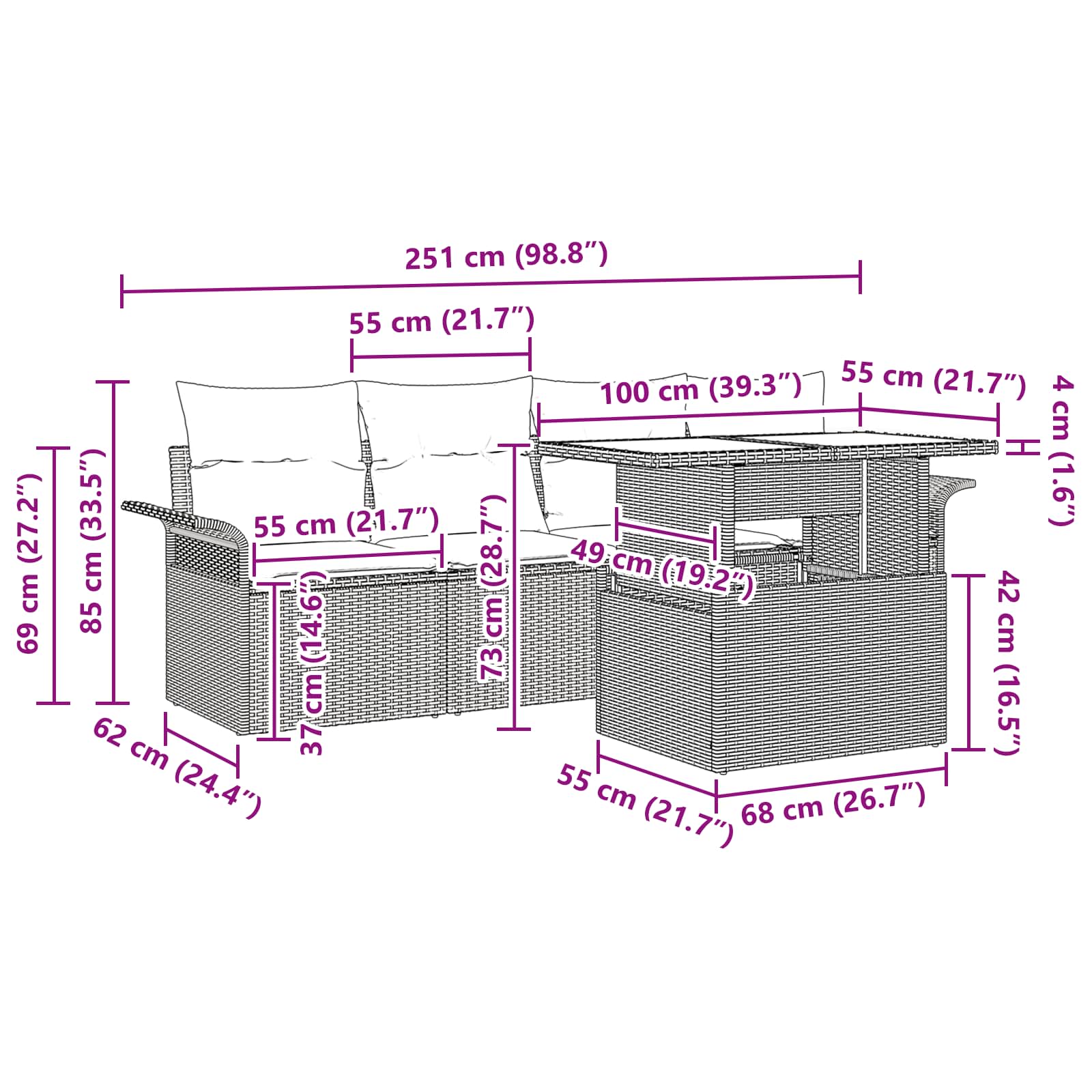 vidaXL Tuin Sofa Set met kussen met opslag 5 pcs Bruin Poly riet