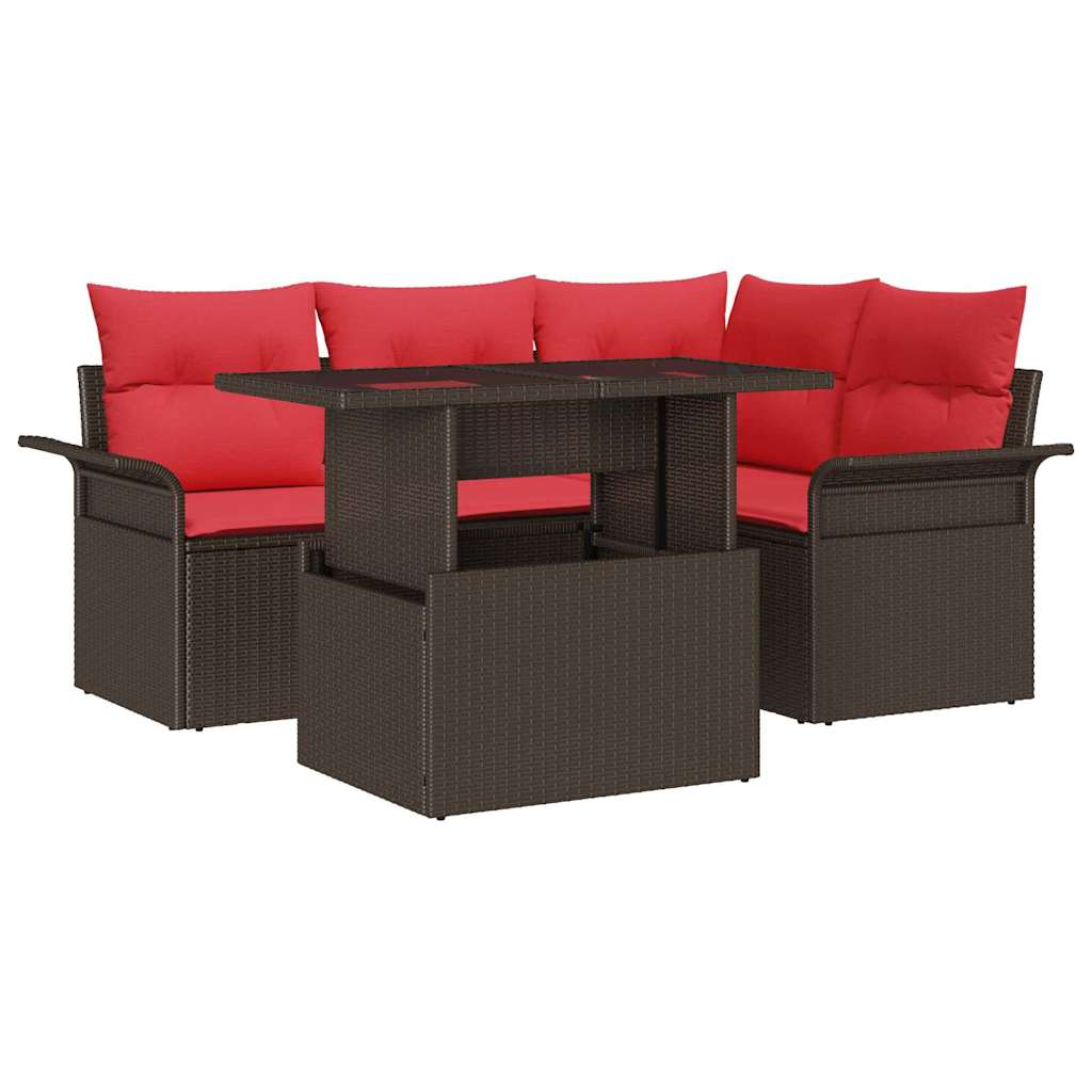 vidaXL Tuin Sofa Set met kussen met opslag 5 pcs Bruin Poly Rattan