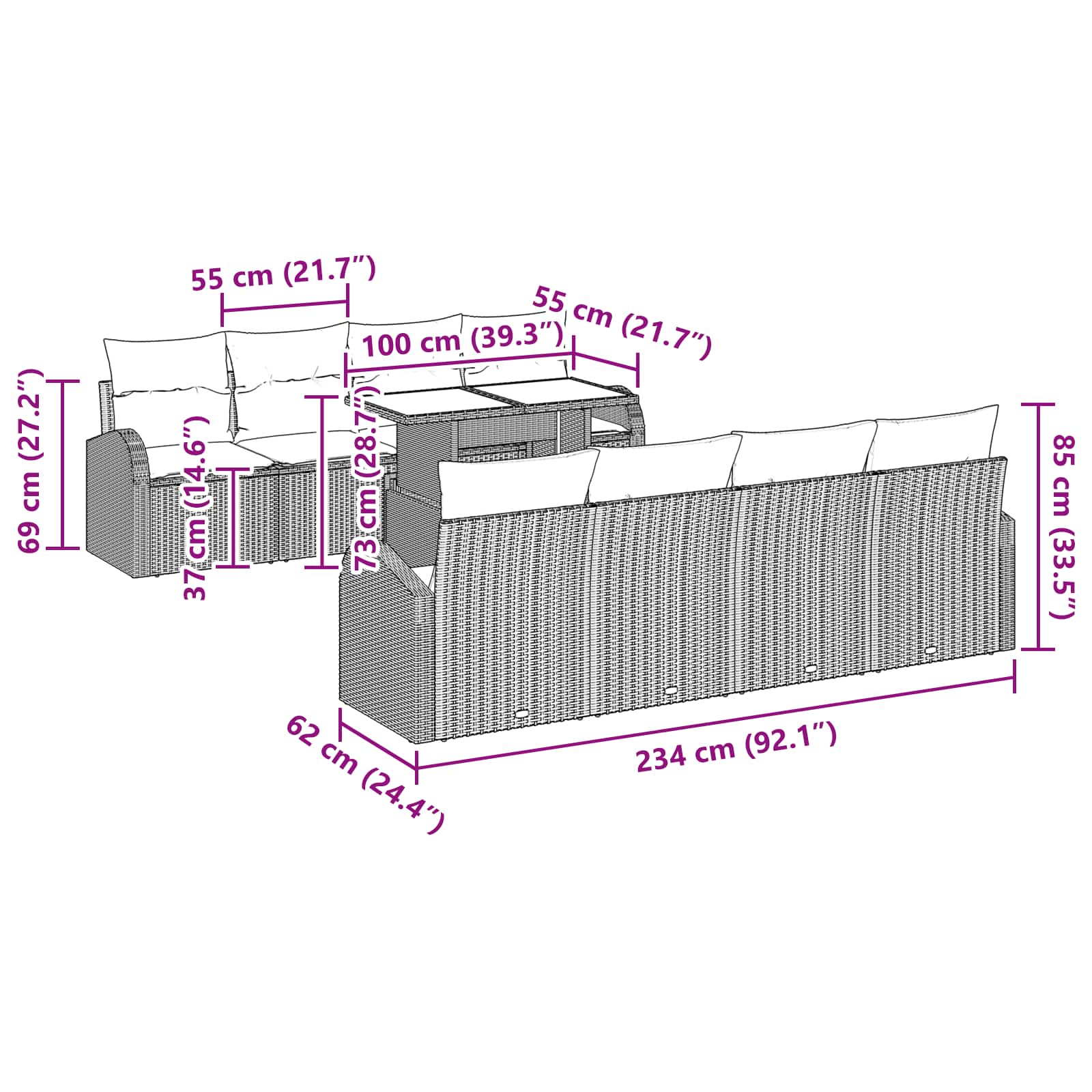 vidaXL Tuin Sofa Set met kussen met opslag 9 pcs Bruin Poly Rattan
