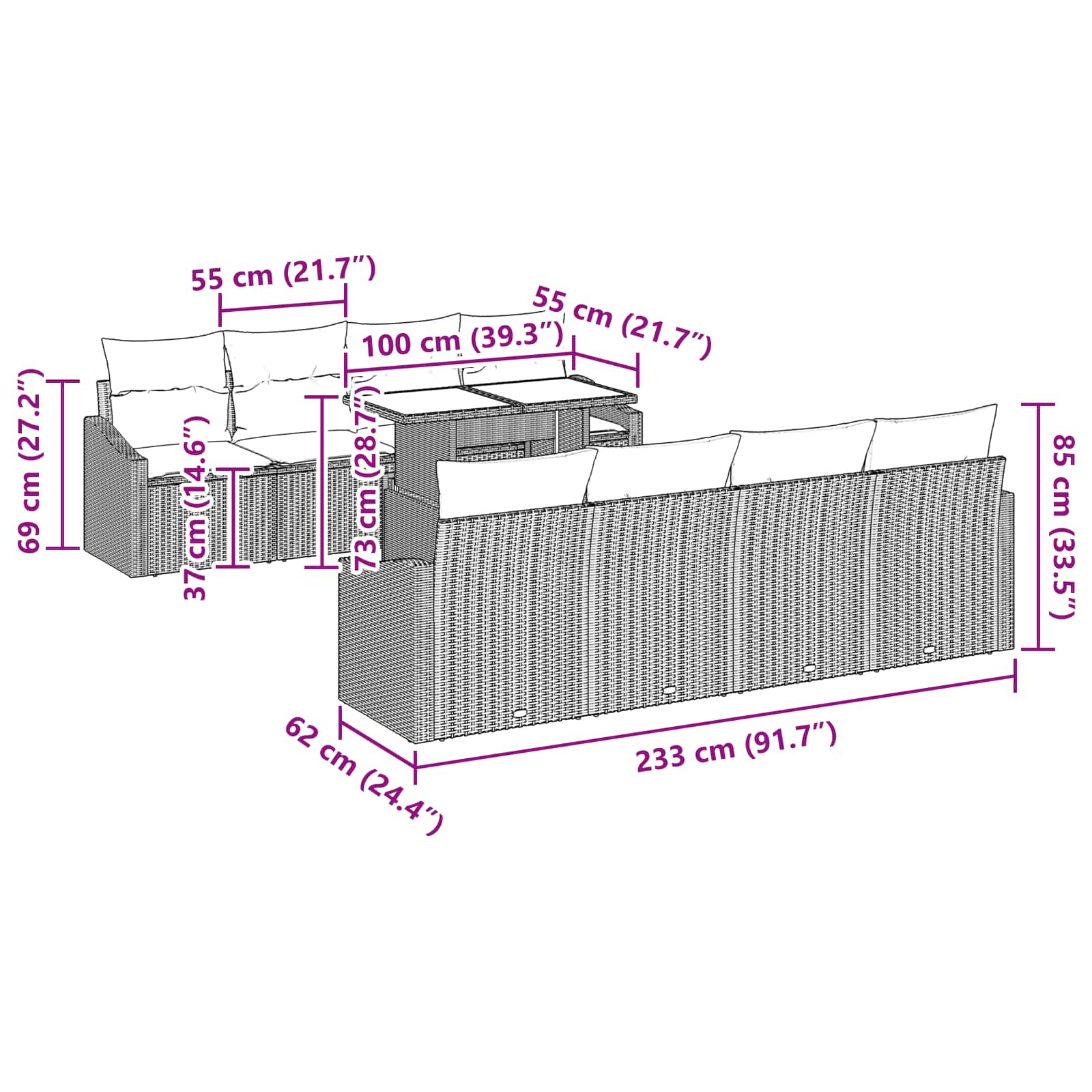 vidaXL Tuin Sofa Set met kussen met opslag 9 pcs Grijs poly rattan