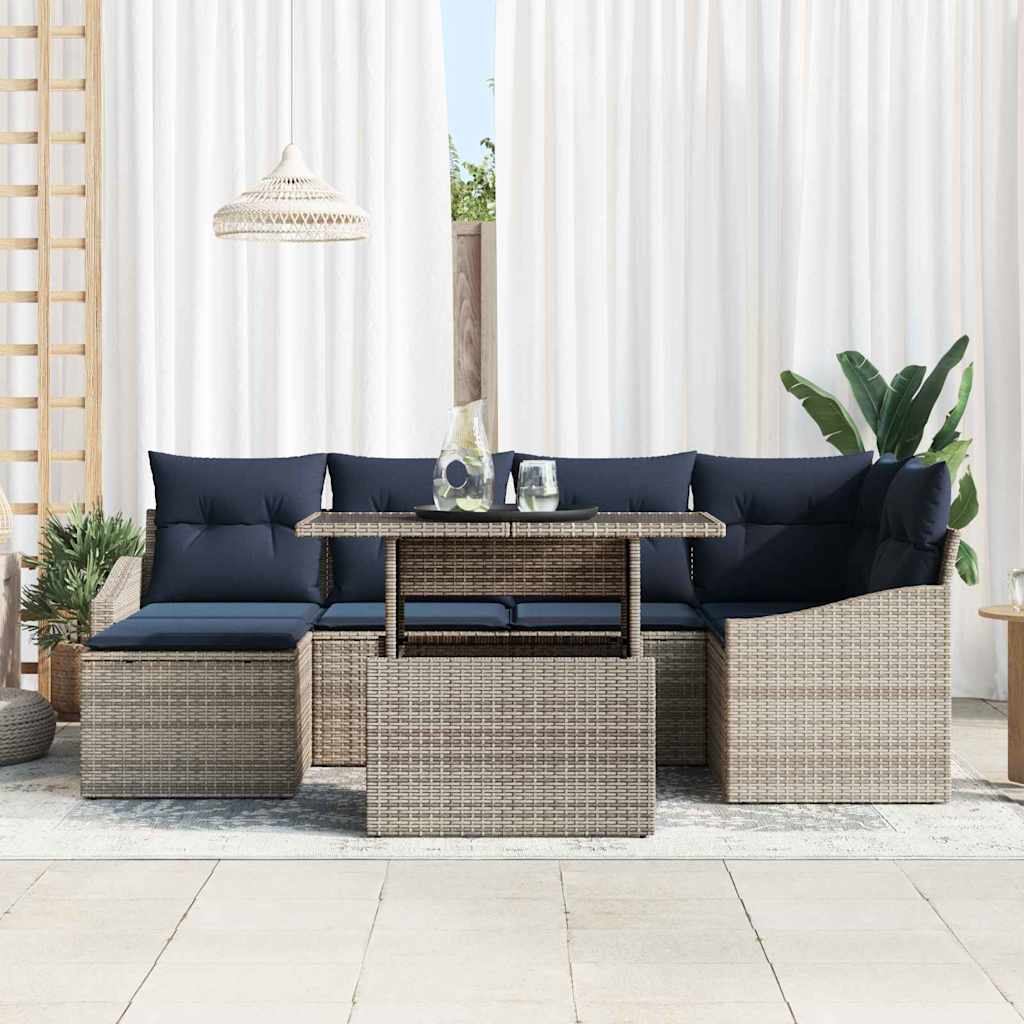 vidaXL Tuin Sofa Set met kussen met opslag 7 pcs Grijs en Marineblauw