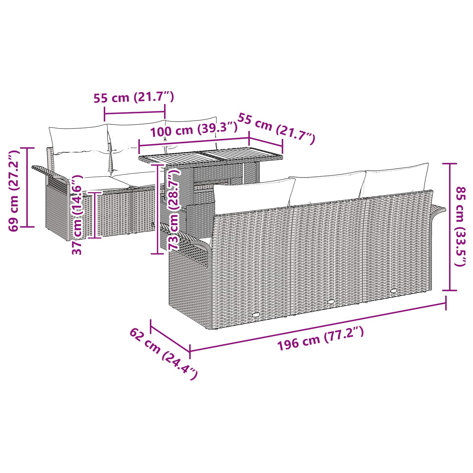 vidaXL Tuin Sofa Set met opslag 7 pcs Grijs Poly riet