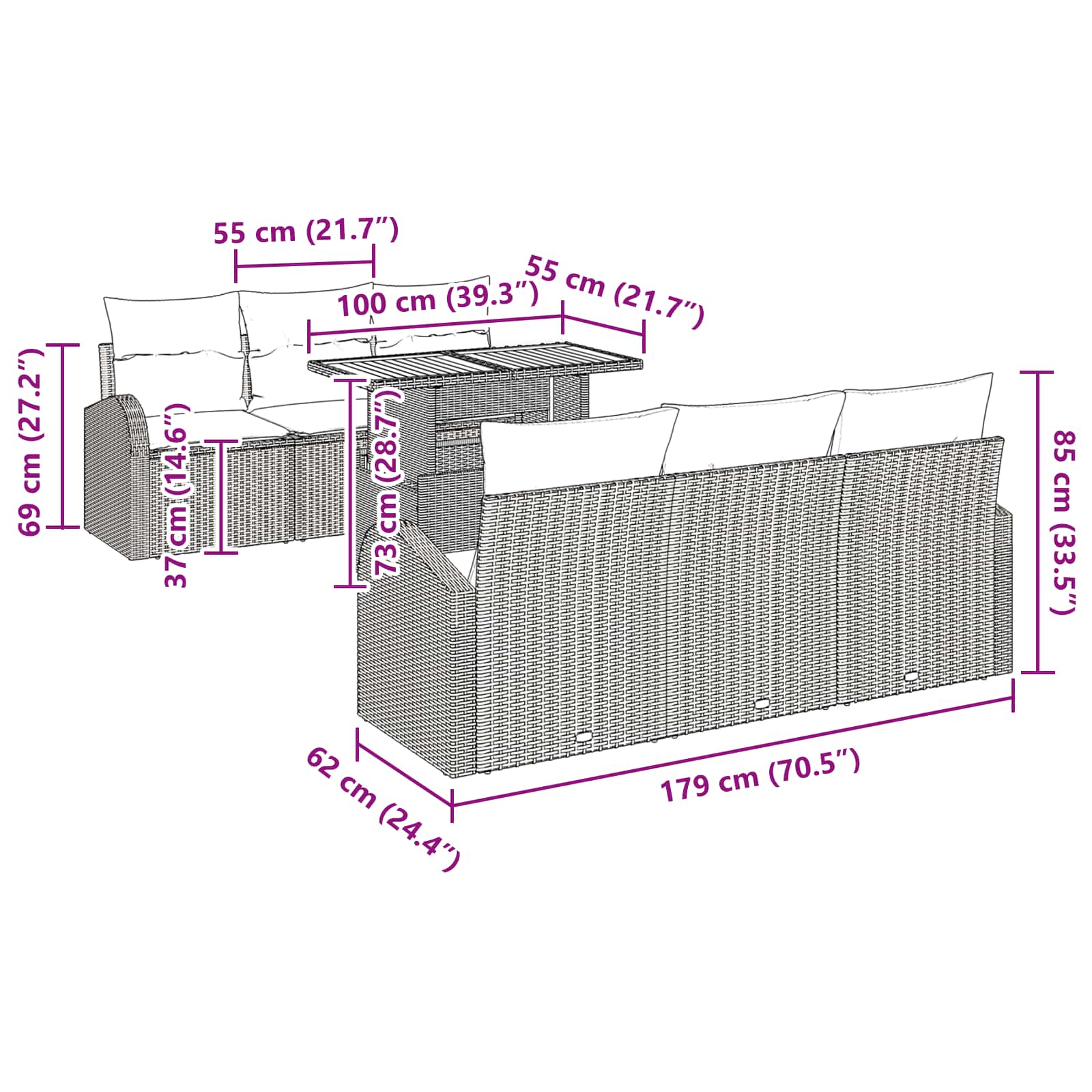 vidaXL Tuin Sofa Set met opslag 7 pcs Zwart Poly riet