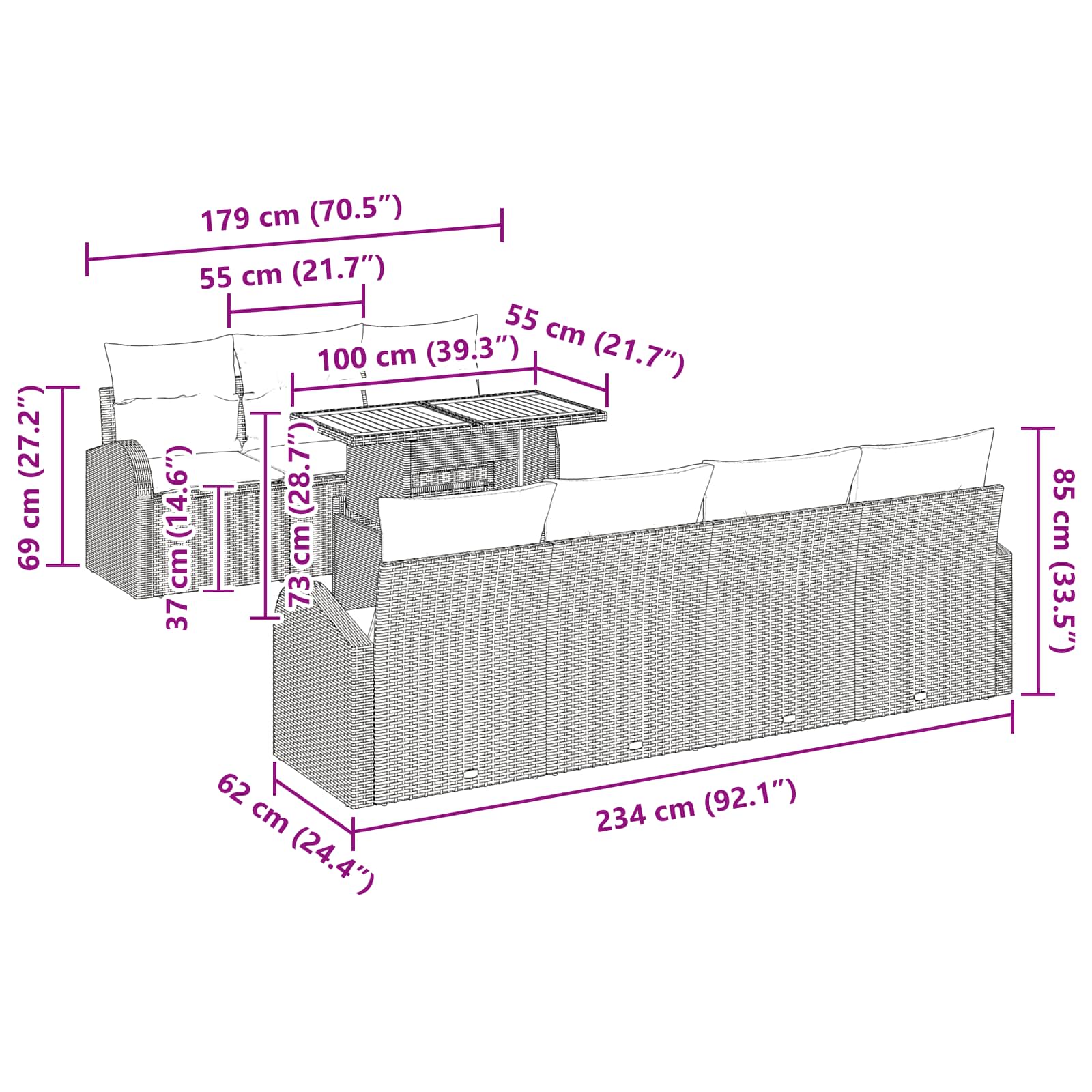 vidaXL Tuin Sofa Set met opslag 8 pcs Zwart Poly riet