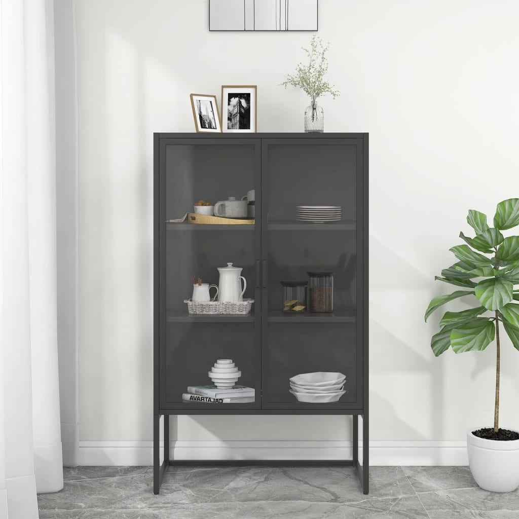 vidaXL Hoge kast 80x35x135 cm staal en gehard glas zwart