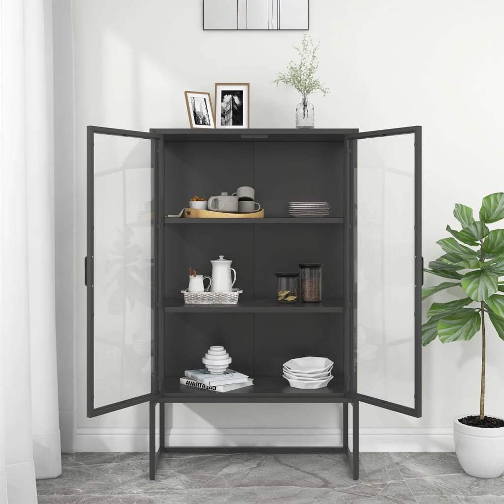 vidaXL Hoge kast 80x35x135 cm staal en gehard glas zwart