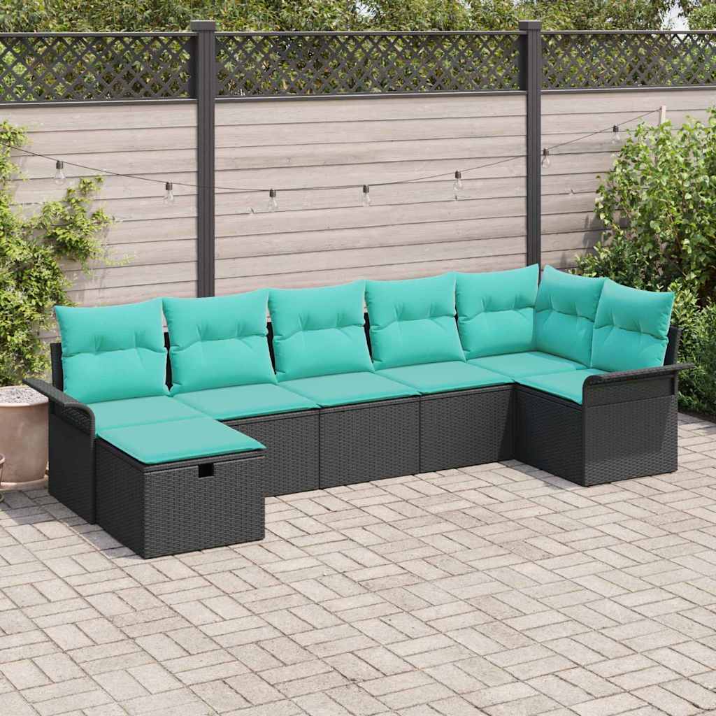 vidaXL Tuin Sofa Set met kussen 7 pcs Zwart en Turquoise poly rattan