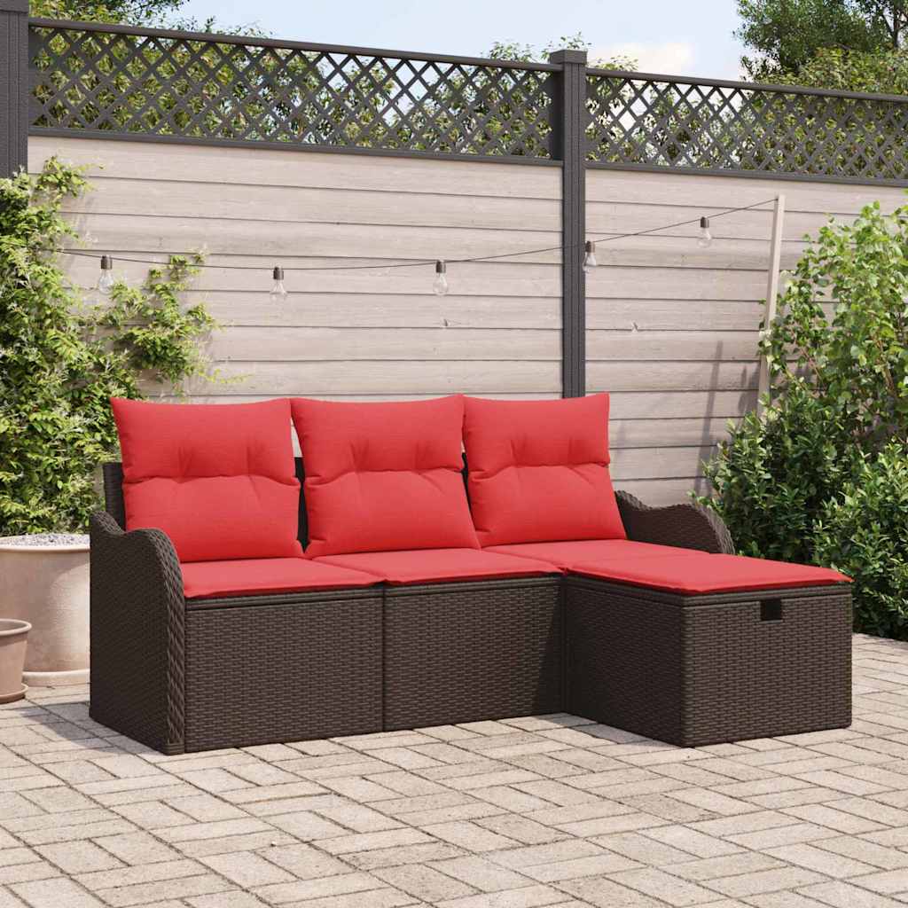 vidaXL Tuin Sofa Set met kussen 4 pcs Bruin en Rood poly rattan