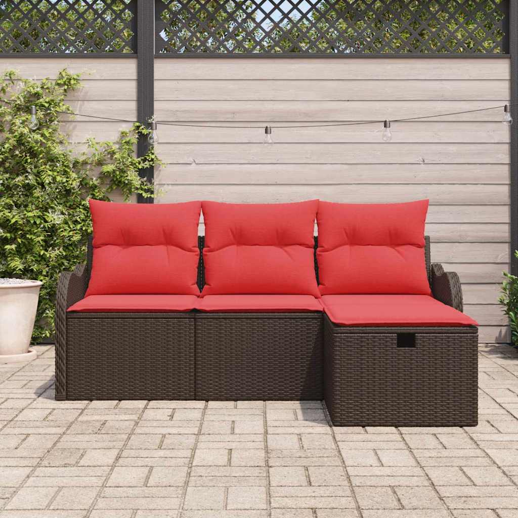 vidaXL Tuin Sofa Set met kussen 4 pcs Bruin en Rood poly rattan