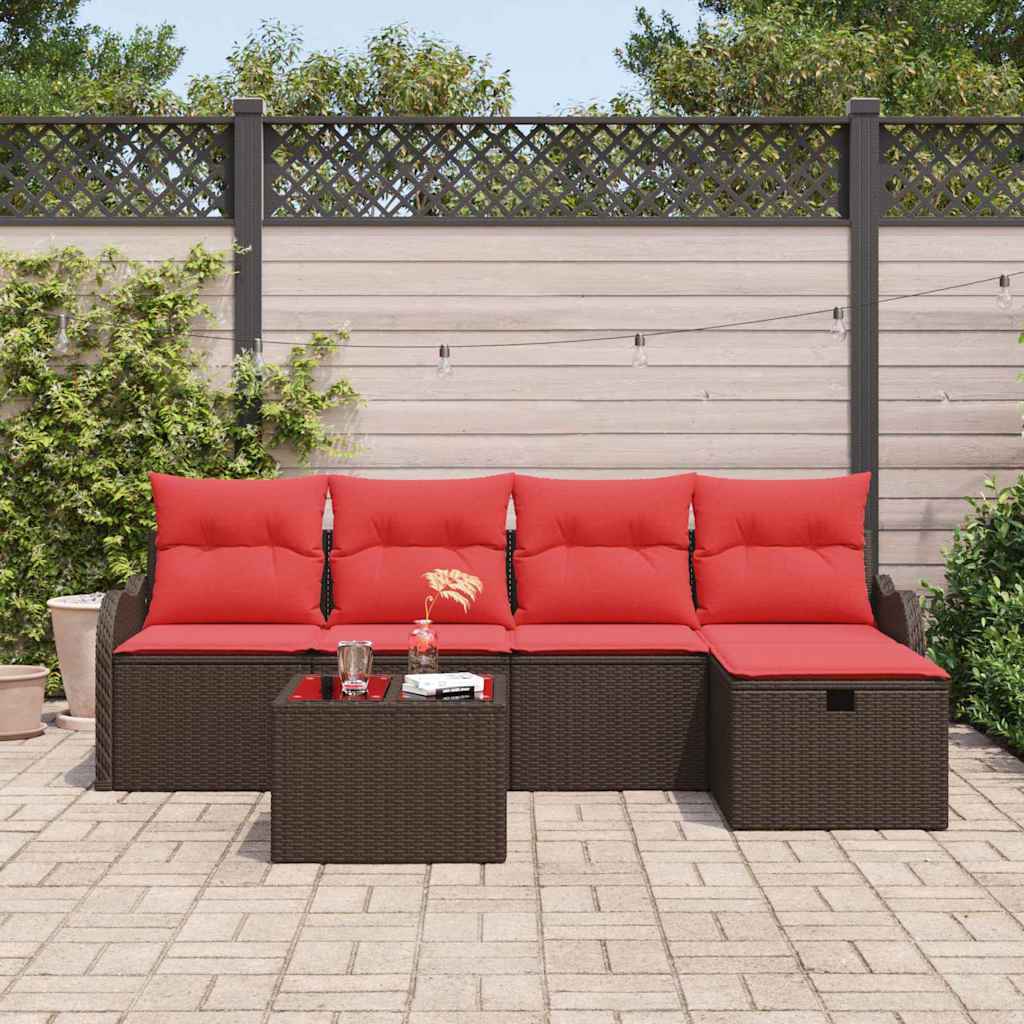 vidaXL Tuin Sofa Set met kussen 5 pcs Bruin en Rood poly rattan
