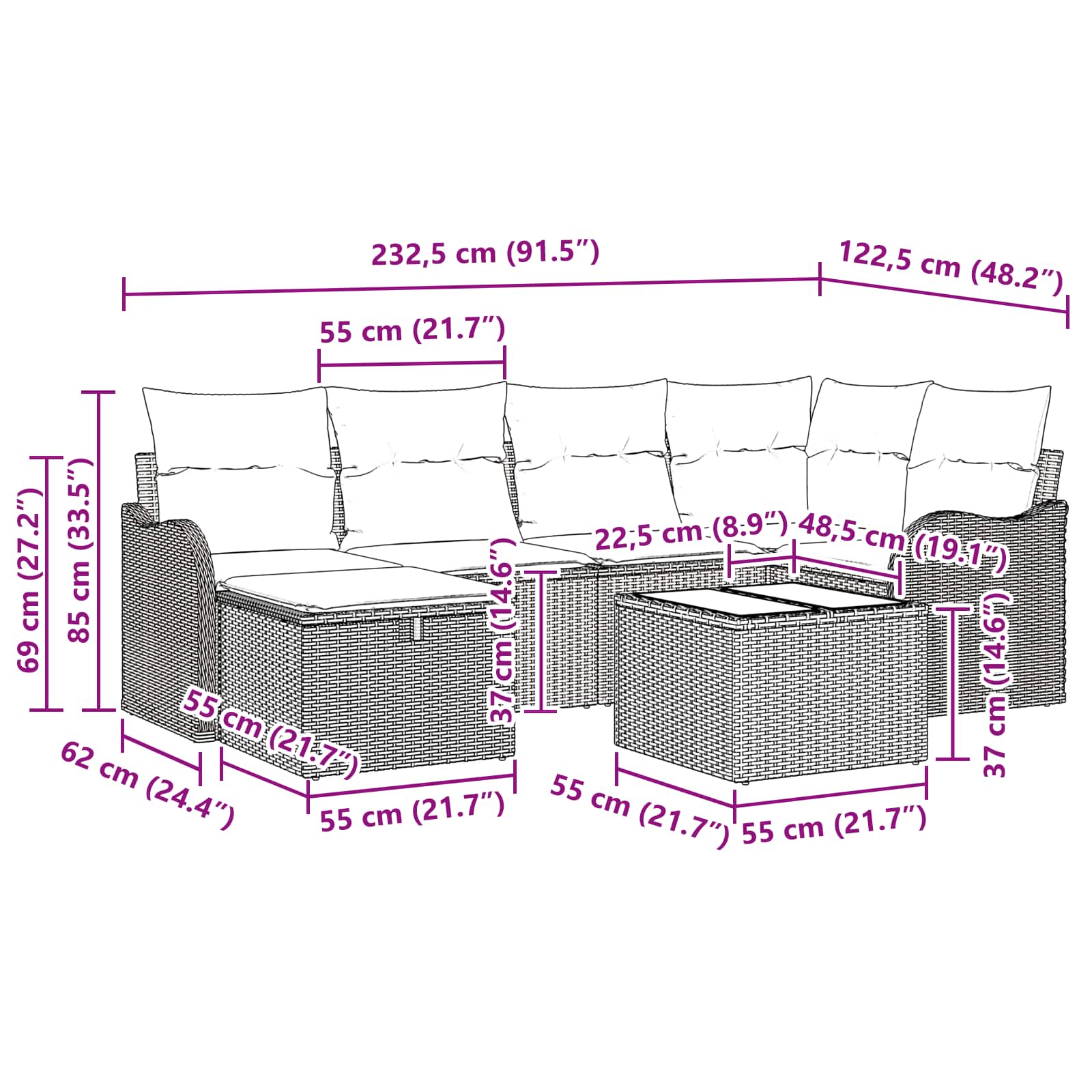 vidaXL Tuinbankenset met kussen 6 pcs Bruin en Rood poly rattan