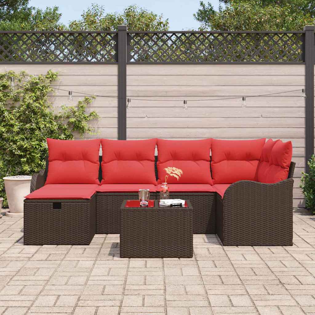 vidaXL Tuinbankenset met kussen 6 pcs Bruin en Rood poly rattan