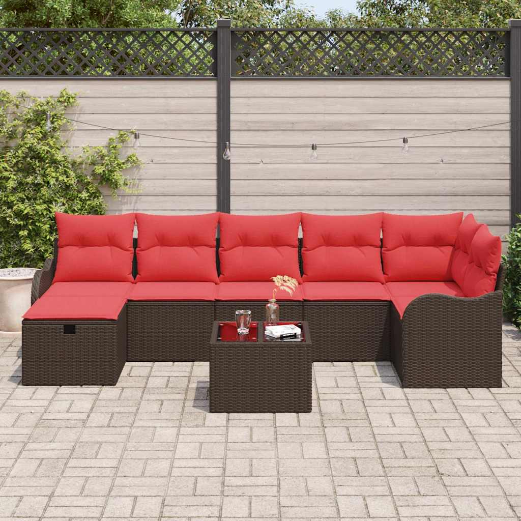 vidaXL Bankstel met kussen met opslag 7 pcs Bruin en Rood poly rattan