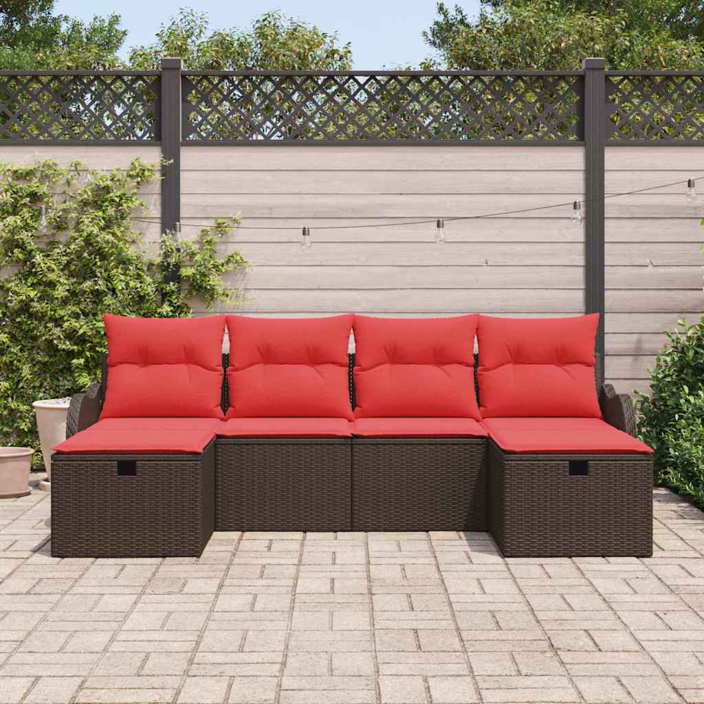 vidaXL Bankstel met kussen met opslag 6 pcs Bruin en Rood poly rattan