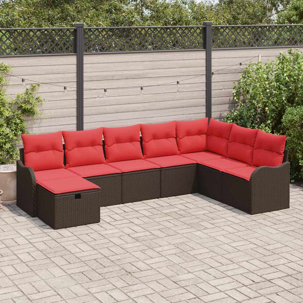 vidaXL Bankstel met kussen met opslag 8 pcs Bruin en Rood poly rattan