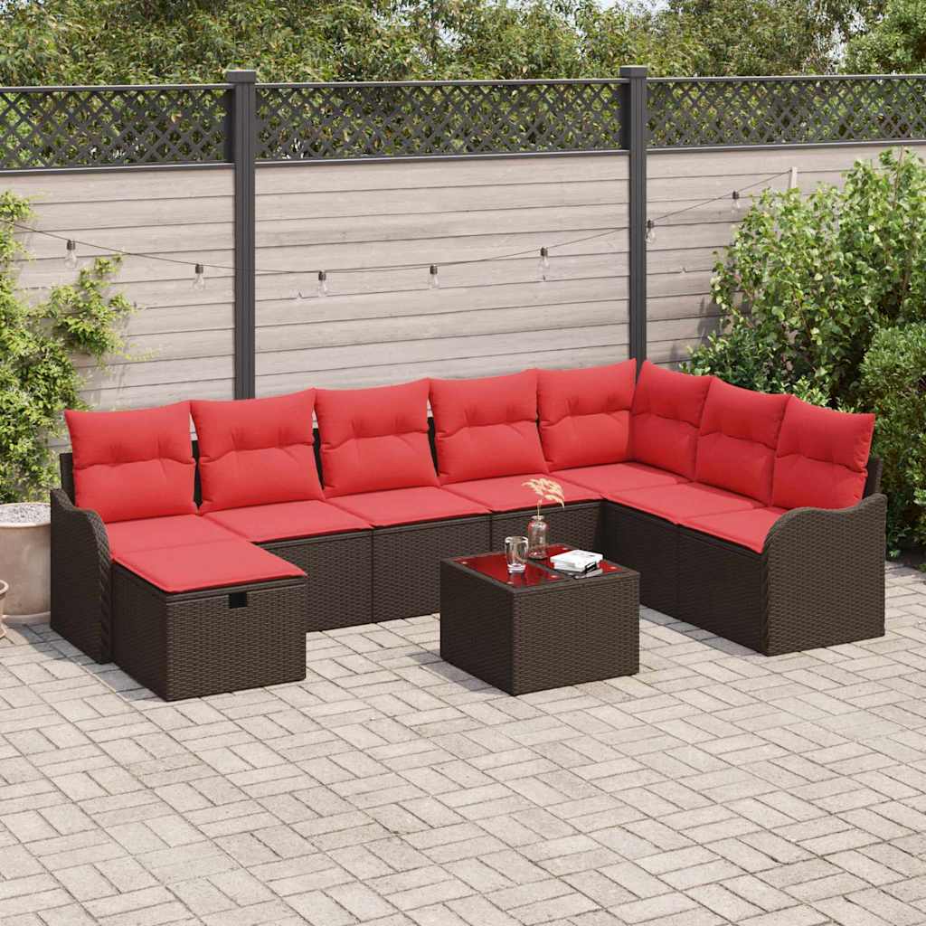 vidaXL Bankstel met kussen met opslag 8 pcs Bruin en Rood poly rattan