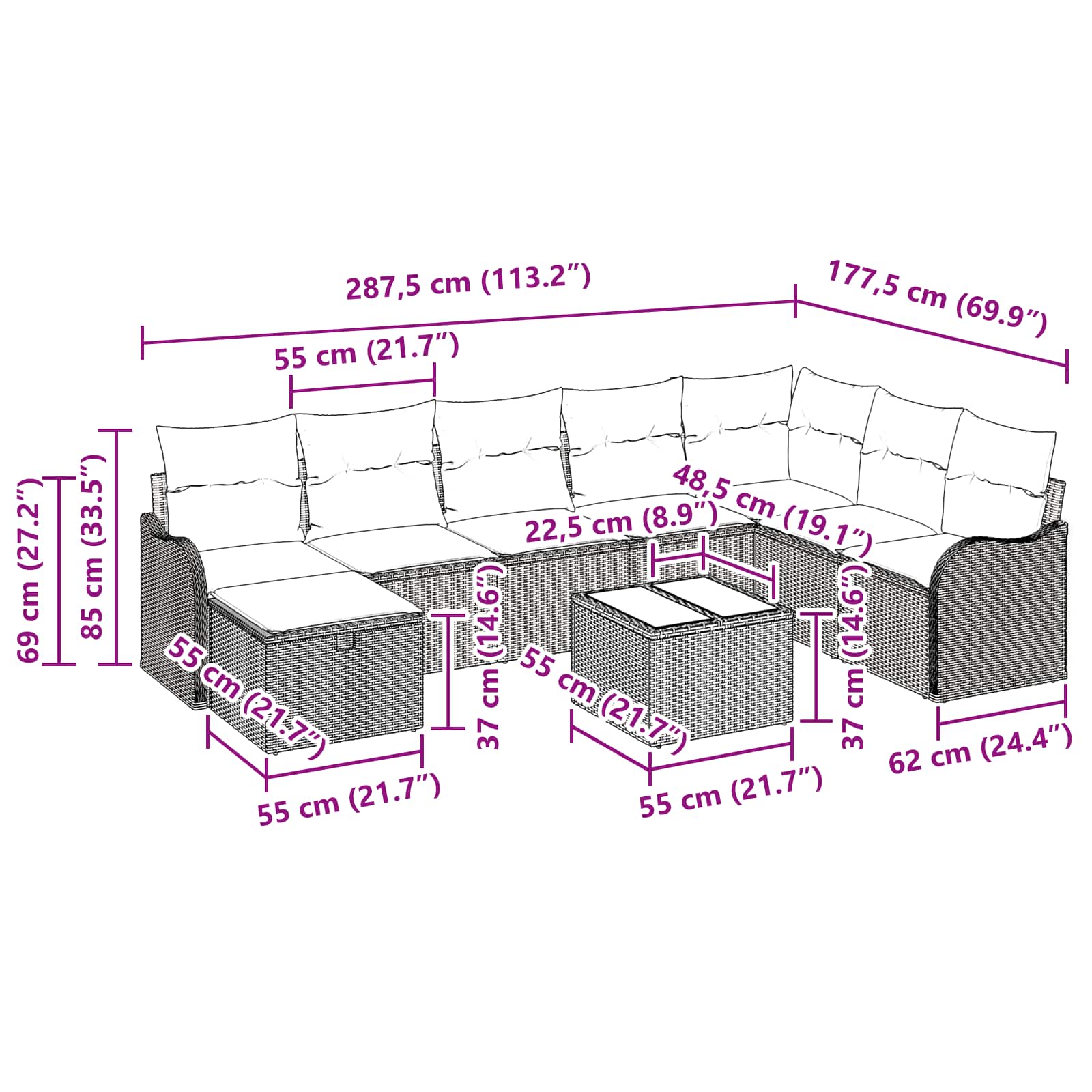 vidaXL Bankstel met kussen met opslag 8 pcs Bruin en Rood poly rattan