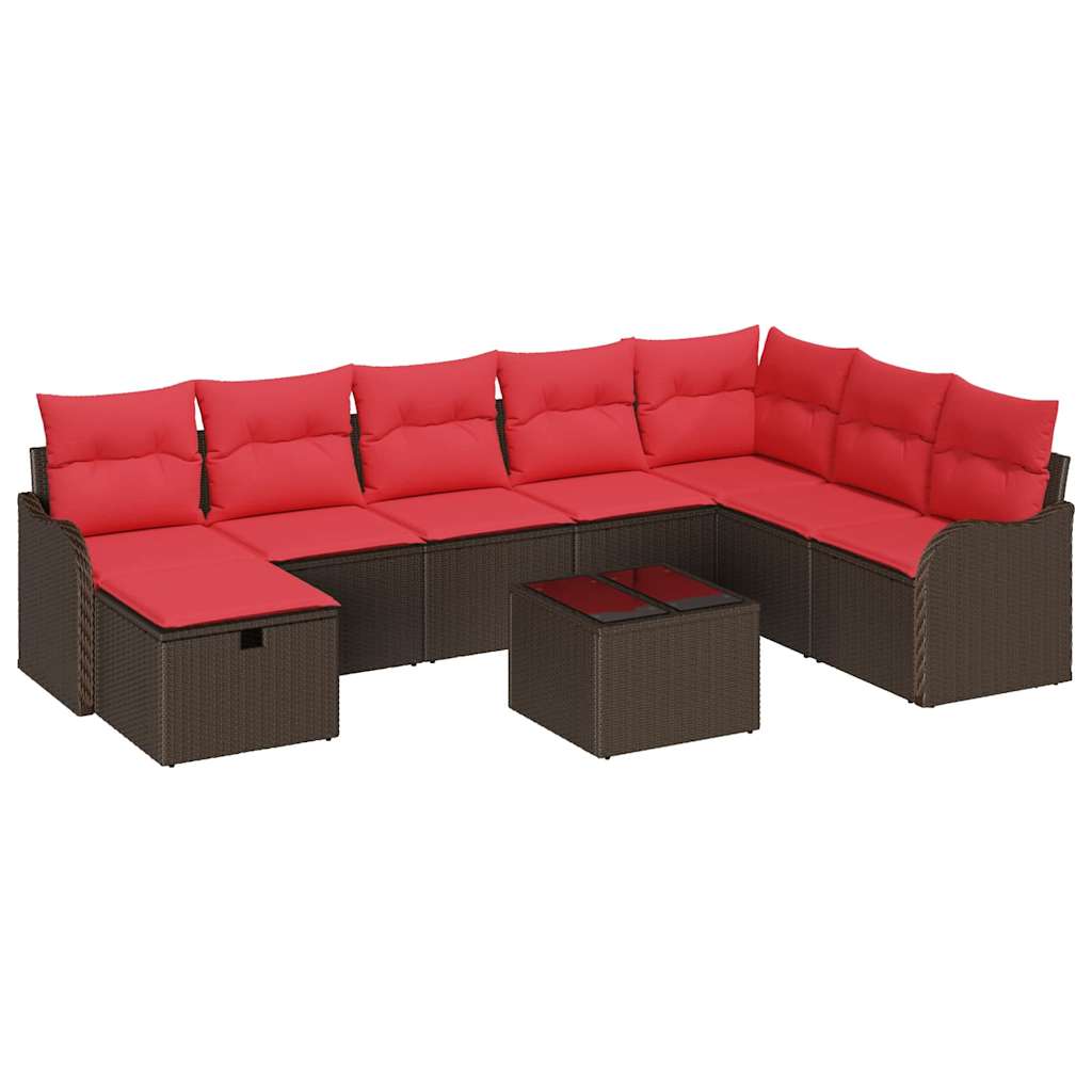 vidaXL Bankstel met kussen met opslag 8 pcs Bruin en Rood poly rattan