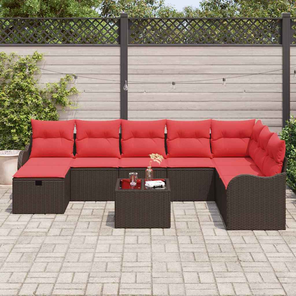 vidaXL Bankstel met kussen met opslag 8 pcs Bruin en Rood poly rattan