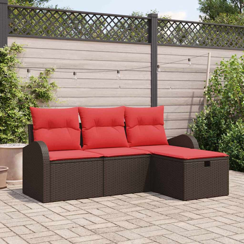 vidaXL Bankstel met kussen met opslag 4 pcs Bruin en Rood poly rattan