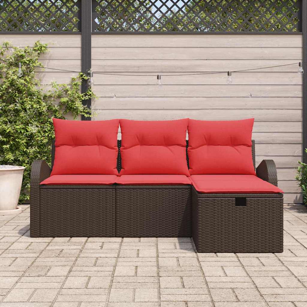 vidaXL Bankstel met kussen met opslag 4 pcs Bruin en Rood poly rattan