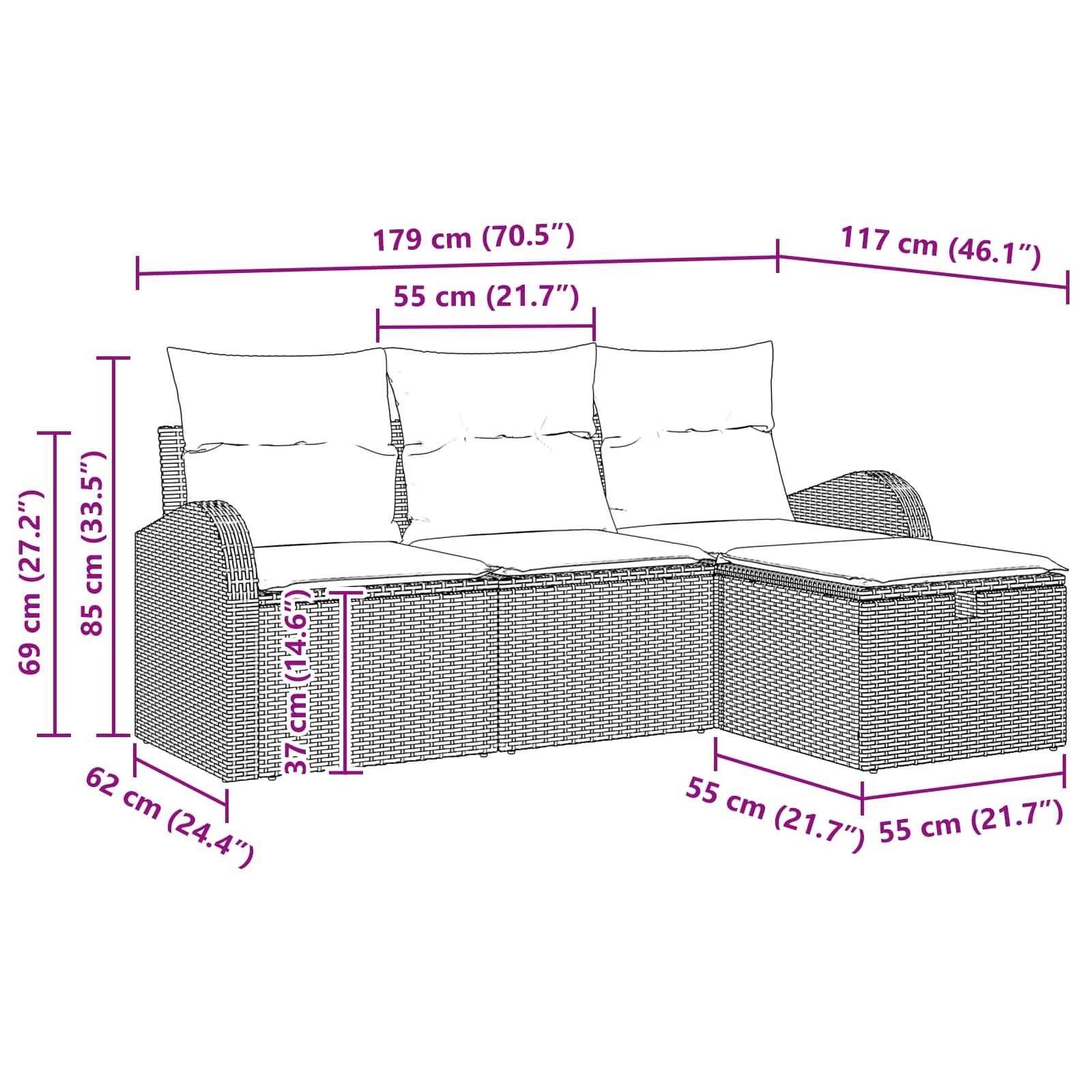 vidaXL Bankstel met kussen met opslag 4 pcs Bruin en Rood poly rattan