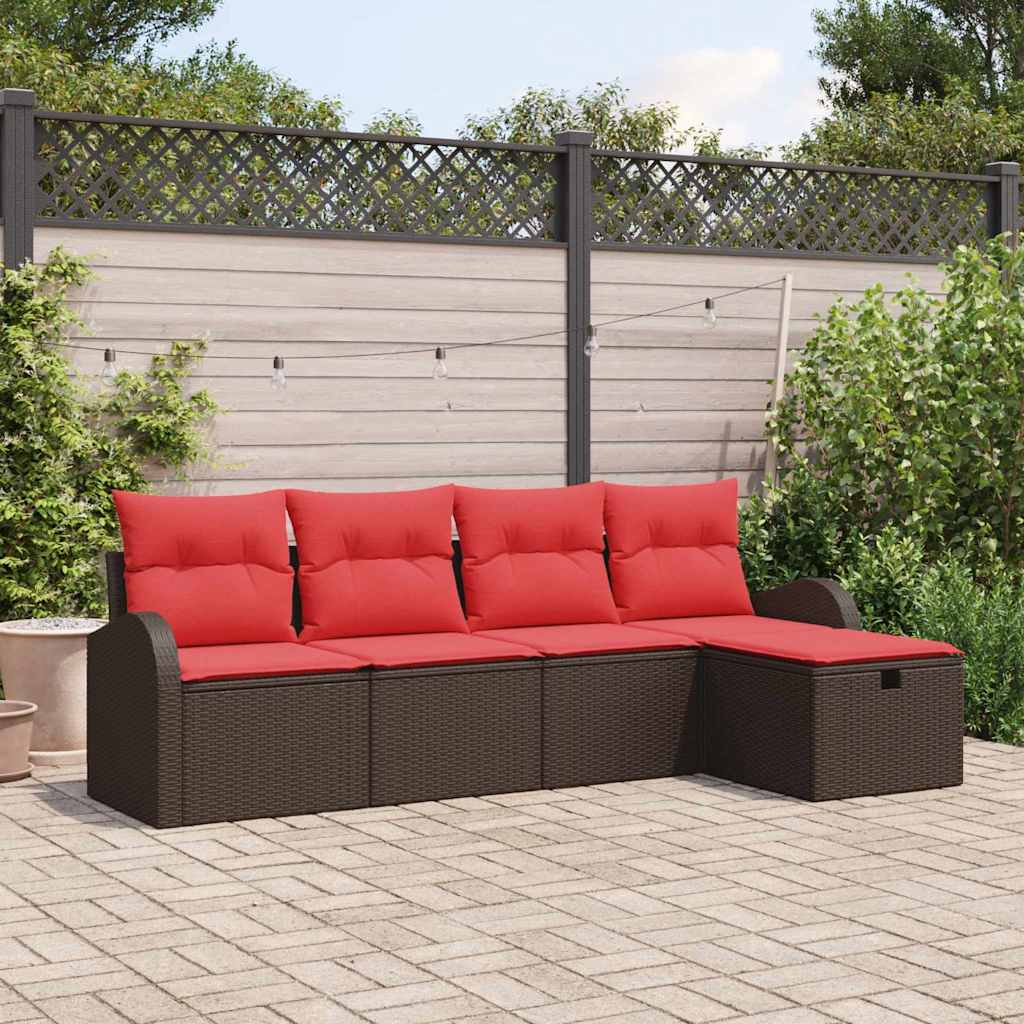 vidaXL Bankstel met kussen met opslag 5 pcs Bruin en Rood poly rattan