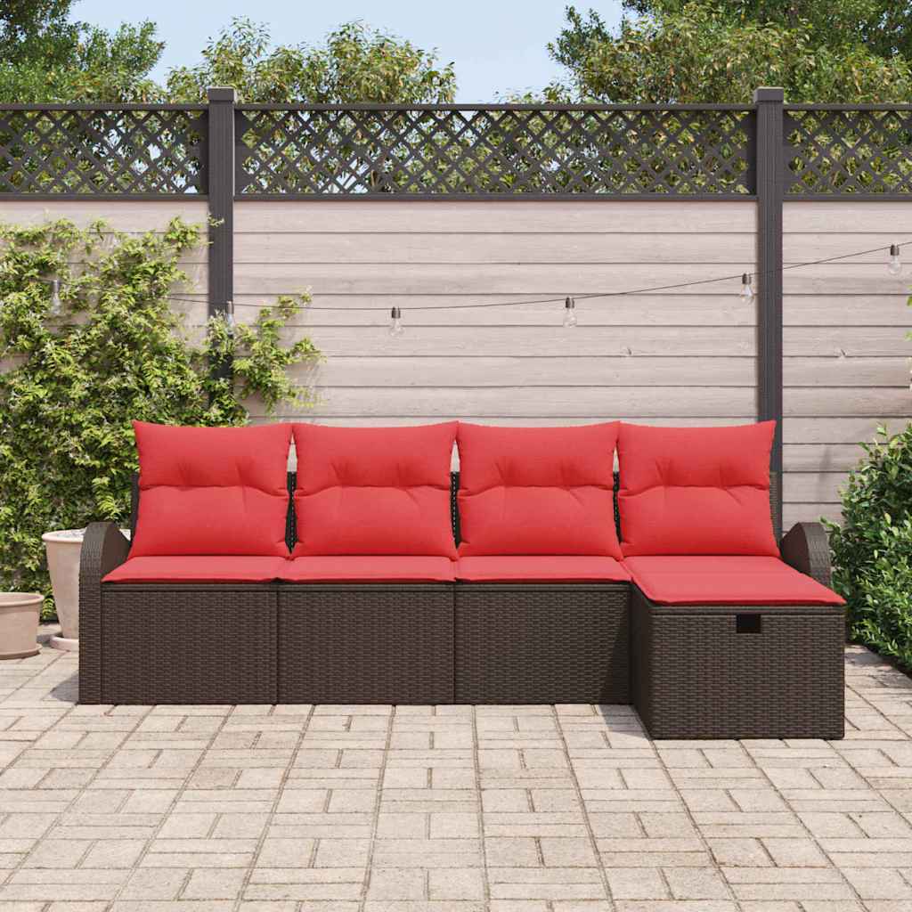 vidaXL Bankstel met kussen met opslag 5 pcs Bruin en Rood poly rattan