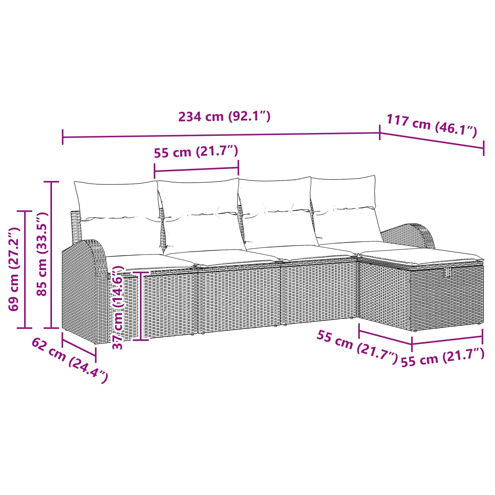 vidaXL Bankstel met kussen met opslag 5 pcs Bruin en Rood poly rattan