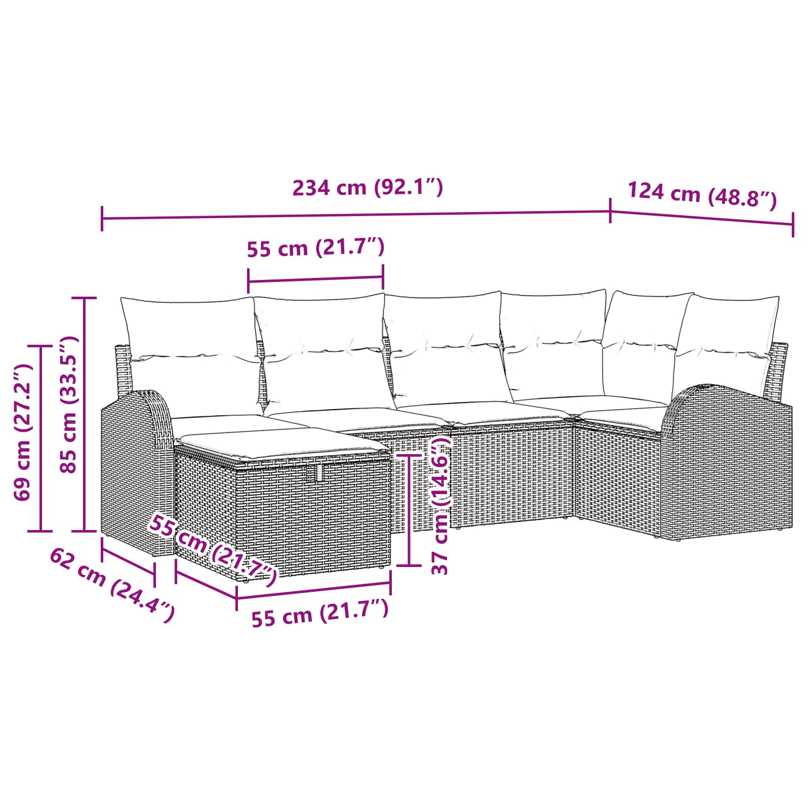 vidaXL Bankstel met kussen met opslag 6 pcs Bruin en Rood poly rattan