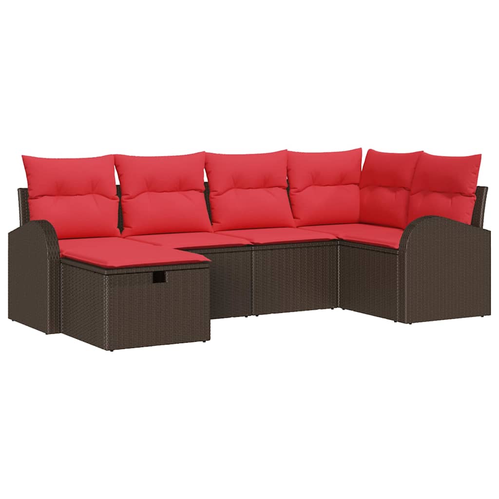 vidaXL Bankstel met kussen met opslag 6 pcs Bruin en Rood poly rattan