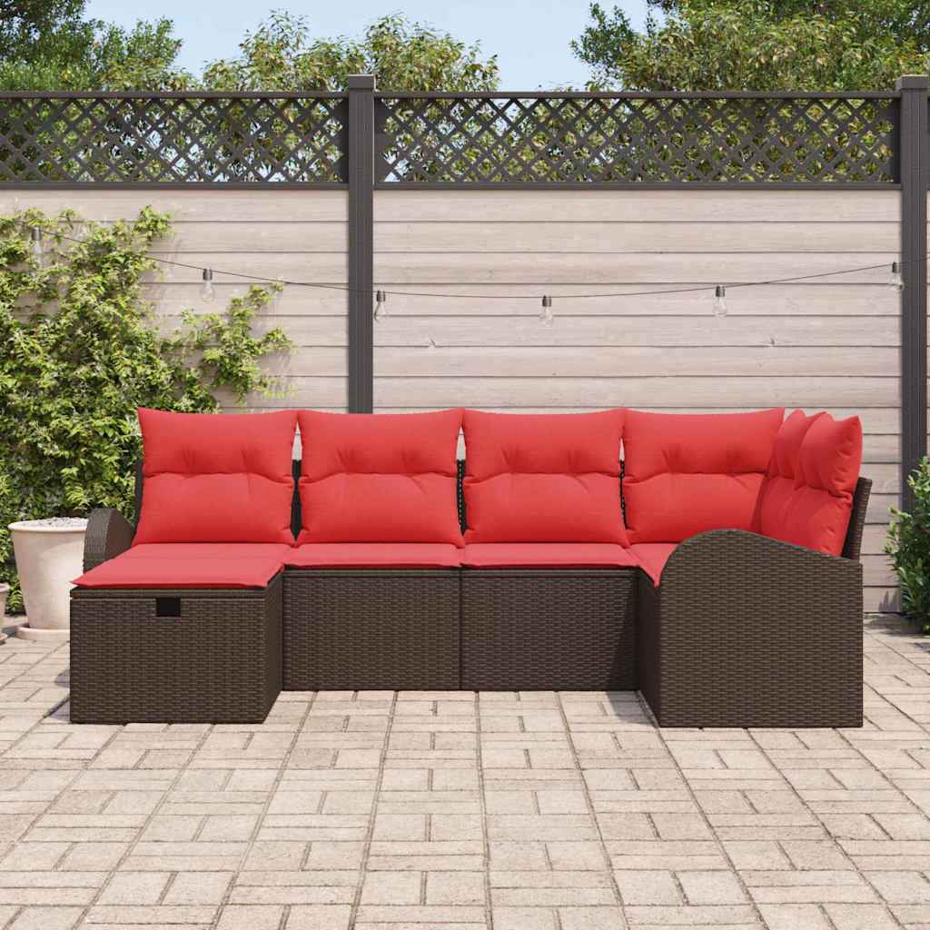 vidaXL Bankstel met kussen met opslag 6 pcs Bruin en Rood poly rattan