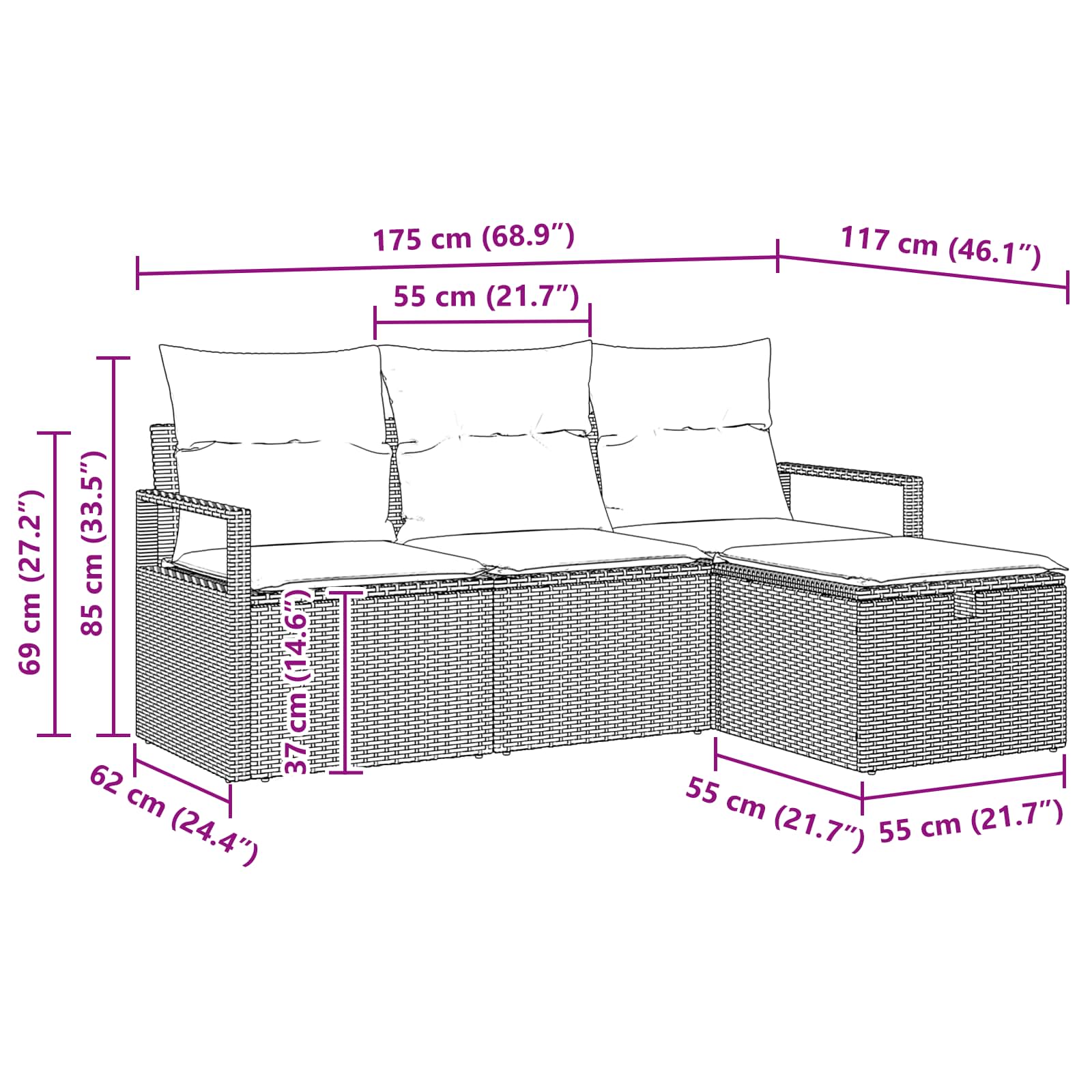 vidaXL Bankstel met kussen met opslag 4 pcs Bruin en Rood poly rattan