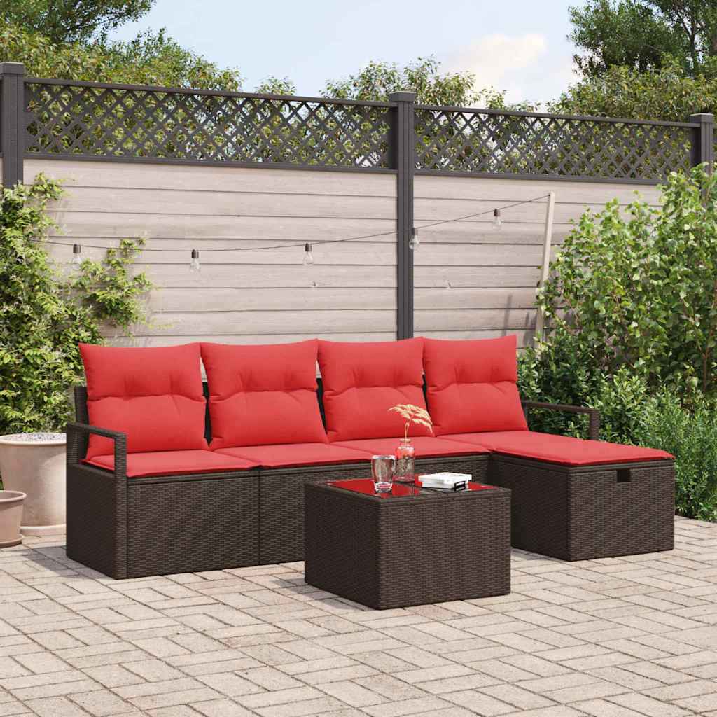 vidaXL Bankstel met kussen met opslag Bruin en Rood poly rattan
