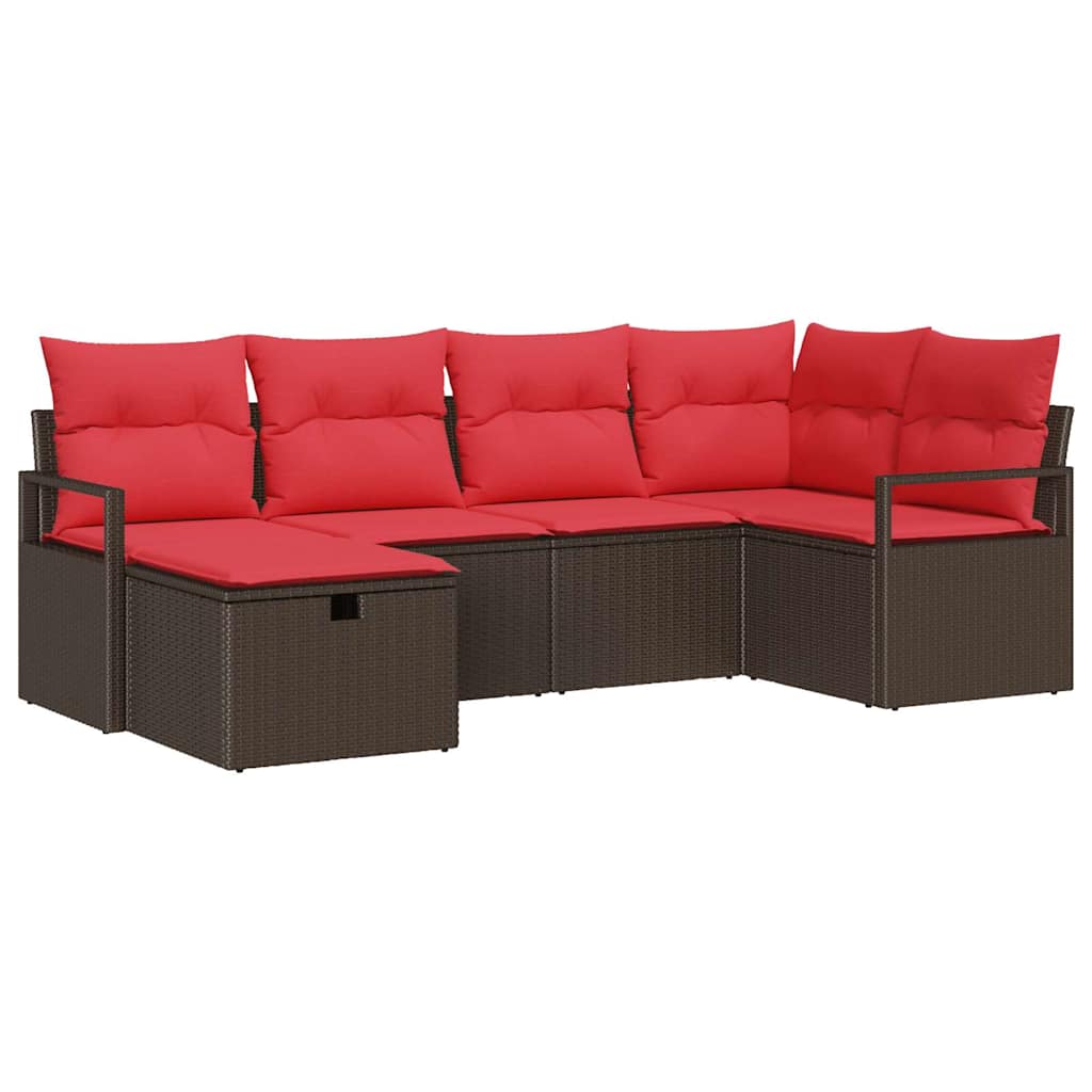 vidaXL Bankstel met kussen met opslag Bruin en Rood poly rattan