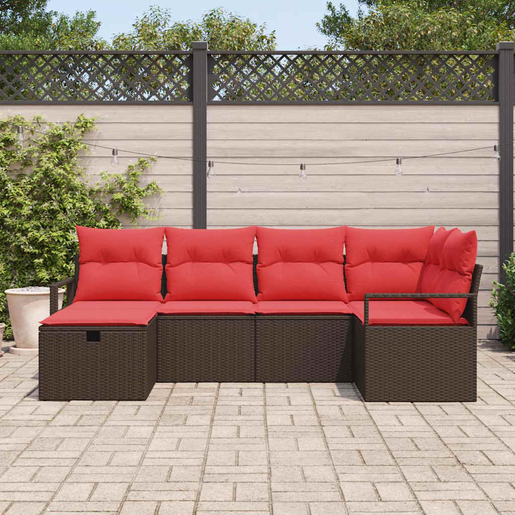 vidaXL Bankstel met kussen met opslag Bruin en Rood poly rattan
