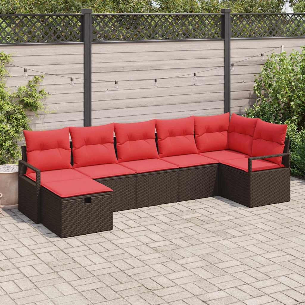 vidaXL Bankstel met kussen met opslag 7 pcs Bruin en Rood poly rattan