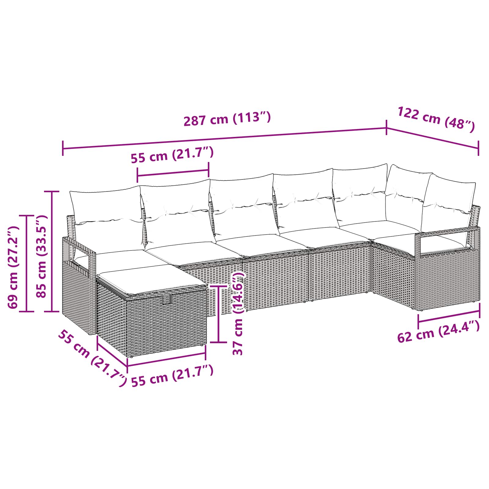 vidaXL Bankstel met kussen met opslag 7 pcs Bruin en Rood poly rattan