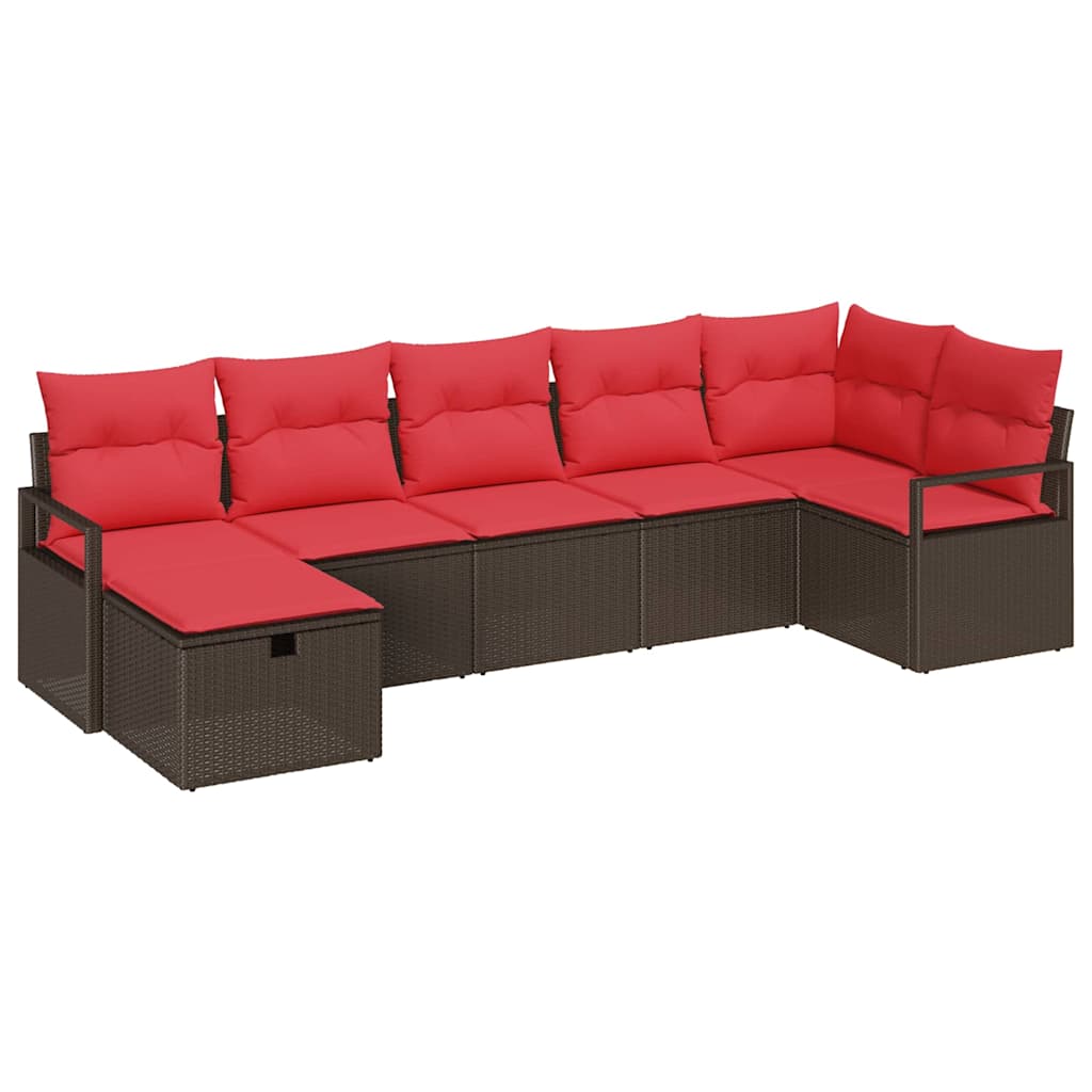 vidaXL Bankstel met kussen met opslag 7 pcs Bruin en Rood poly rattan