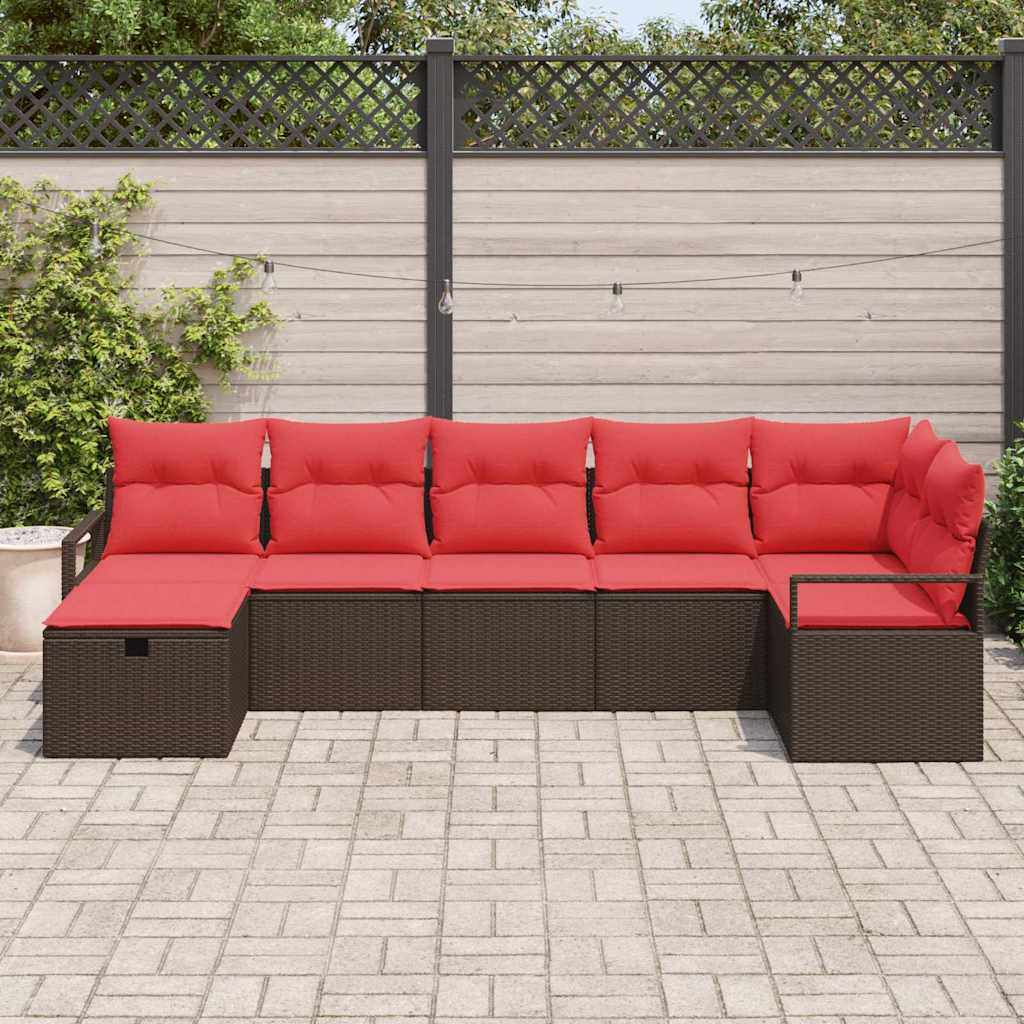 vidaXL Bankstel met kussen met opslag 7 pcs Bruin en Rood poly rattan