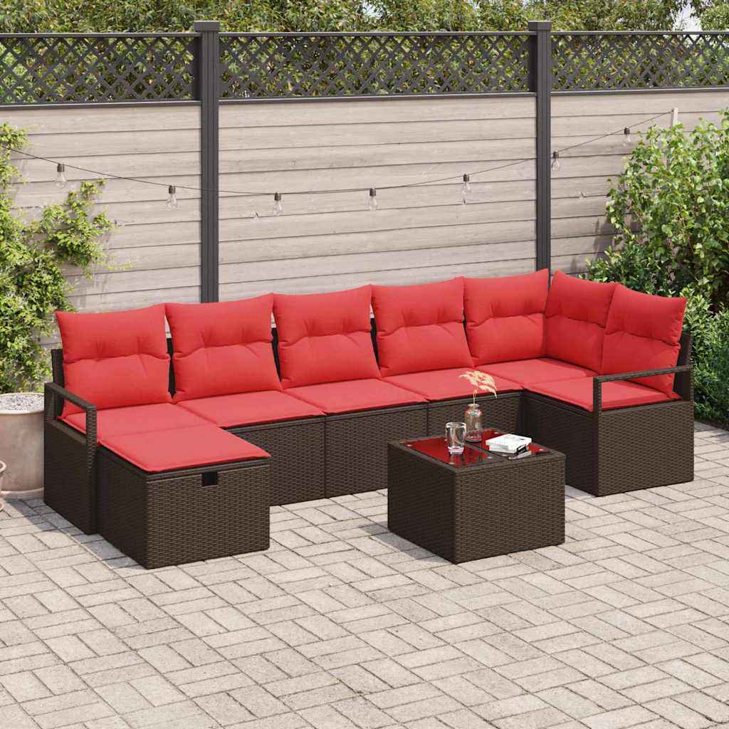 vidaXL Bankstel met kussen met opslag 7 pcs Bruin en Rood poly rattan